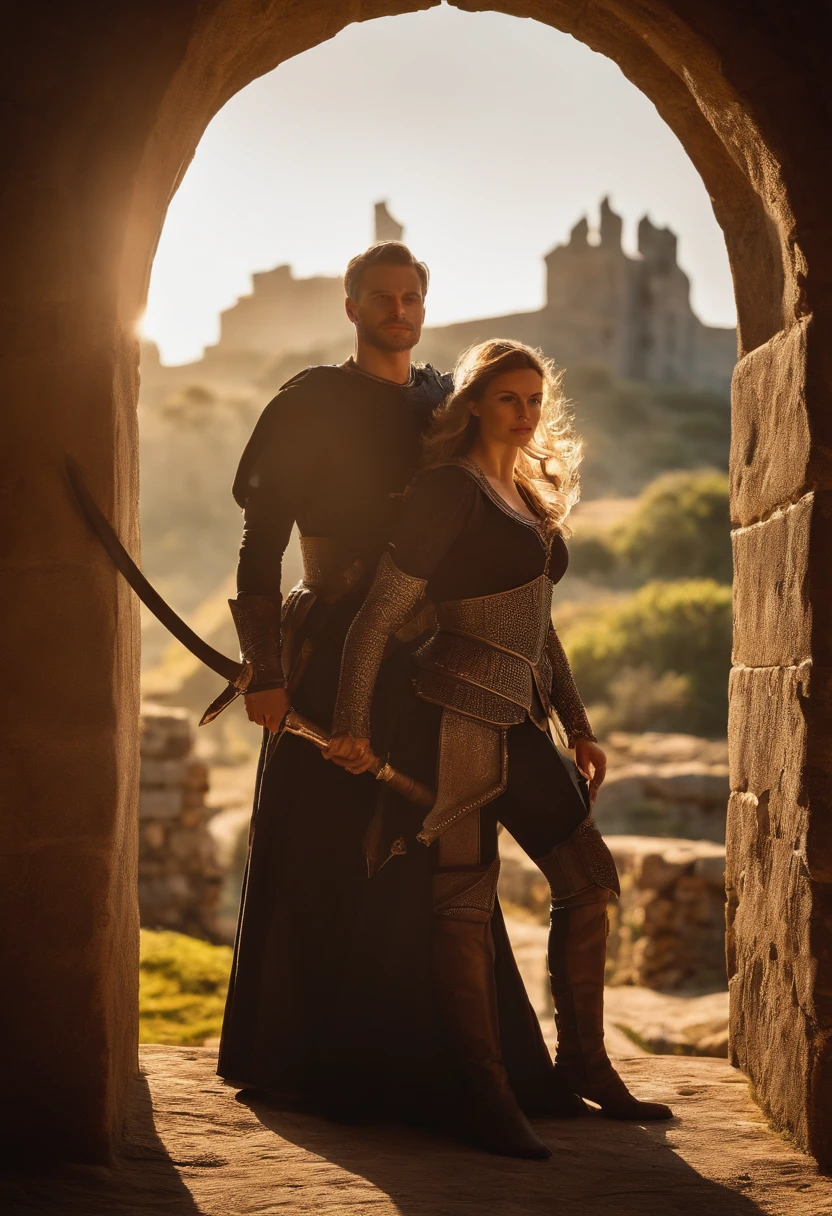 (((medium shot))), par, (um homem e uma mulher), Two individuals, fora do castelo, Jousting, frisky, frisky, doce, Feliz, sorrir, armadura, Cota de malha, armadura, Feliz, Olhos bonitos, frisky, Surrealismo, Pov, Romantismo, Cinematic lighting, 8k, UHD, master part, ccurate, anatomicamente correto, pele texturizada, High detail, alta qualidade, high resolution, Premiado, best quality, 16k, corpo ruim, bad hands, pernas ruins.