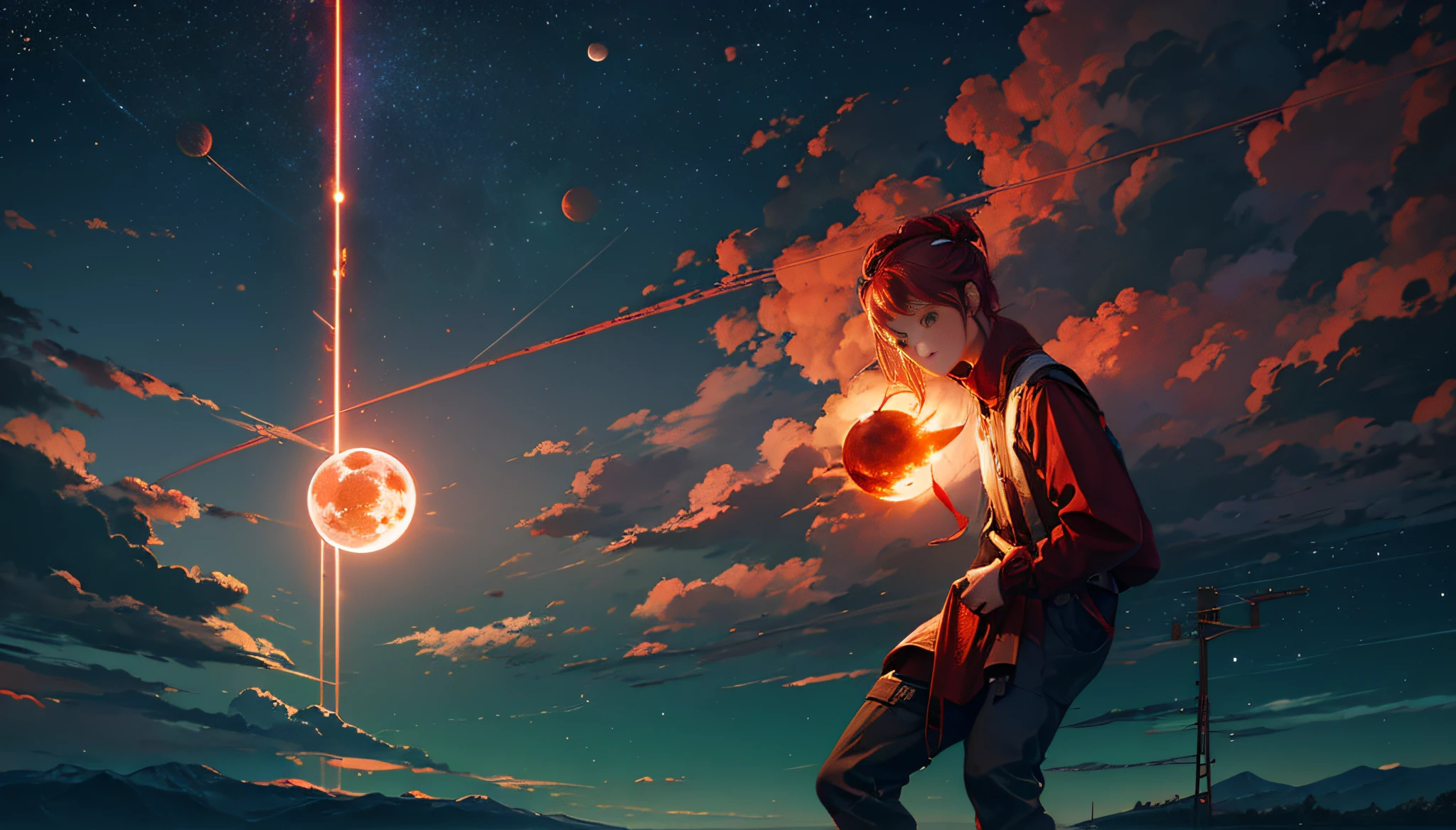 There is a large blood moon in the sky,A sky full of stars,A red meteor streaked across the sky,Multiple green Northern Lights float overhead,middle parted hairstyle,Suspenders