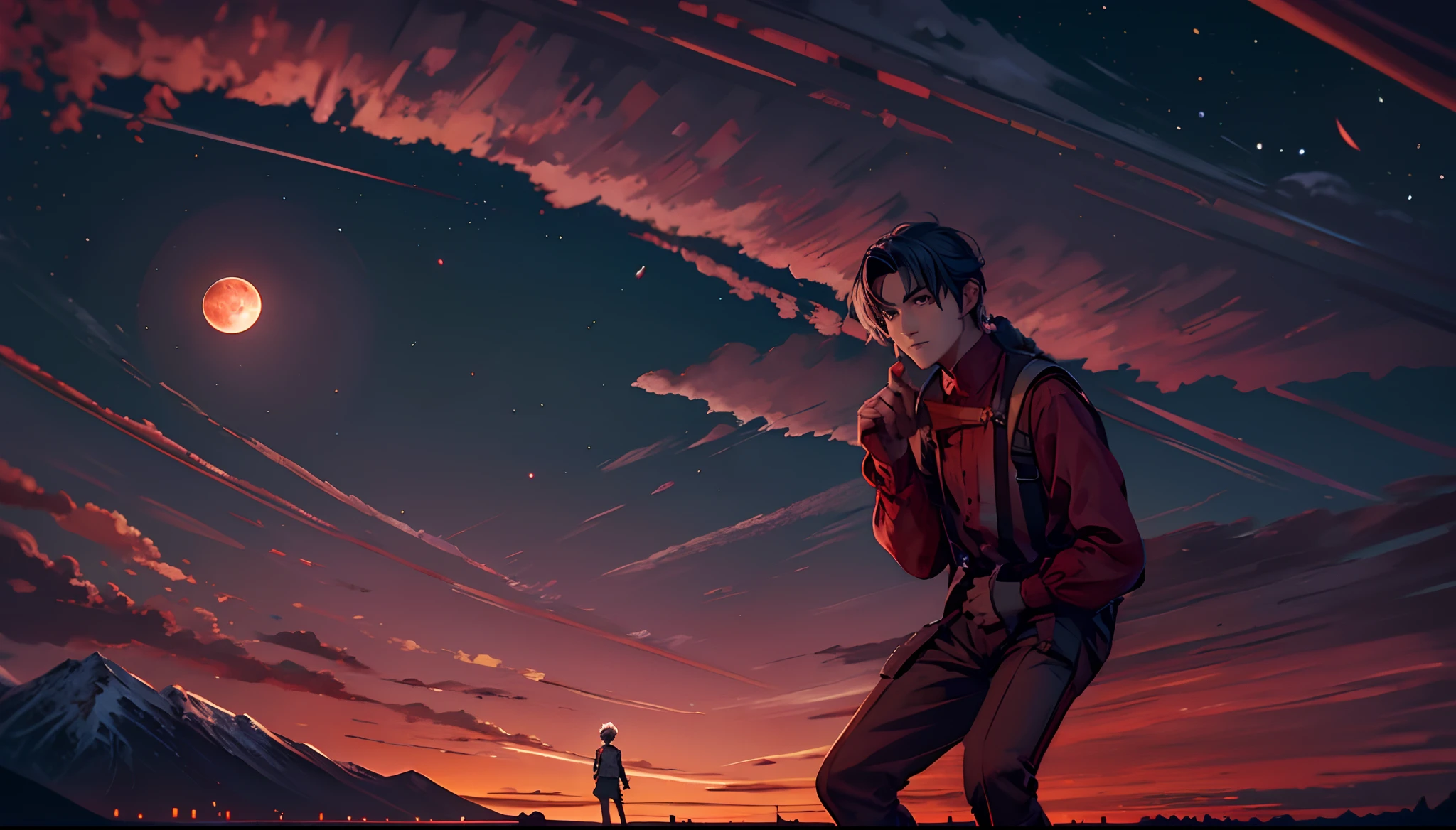 Blood Moon,meteors,aurora borealis,middle parted hairstyle,Suspenders,