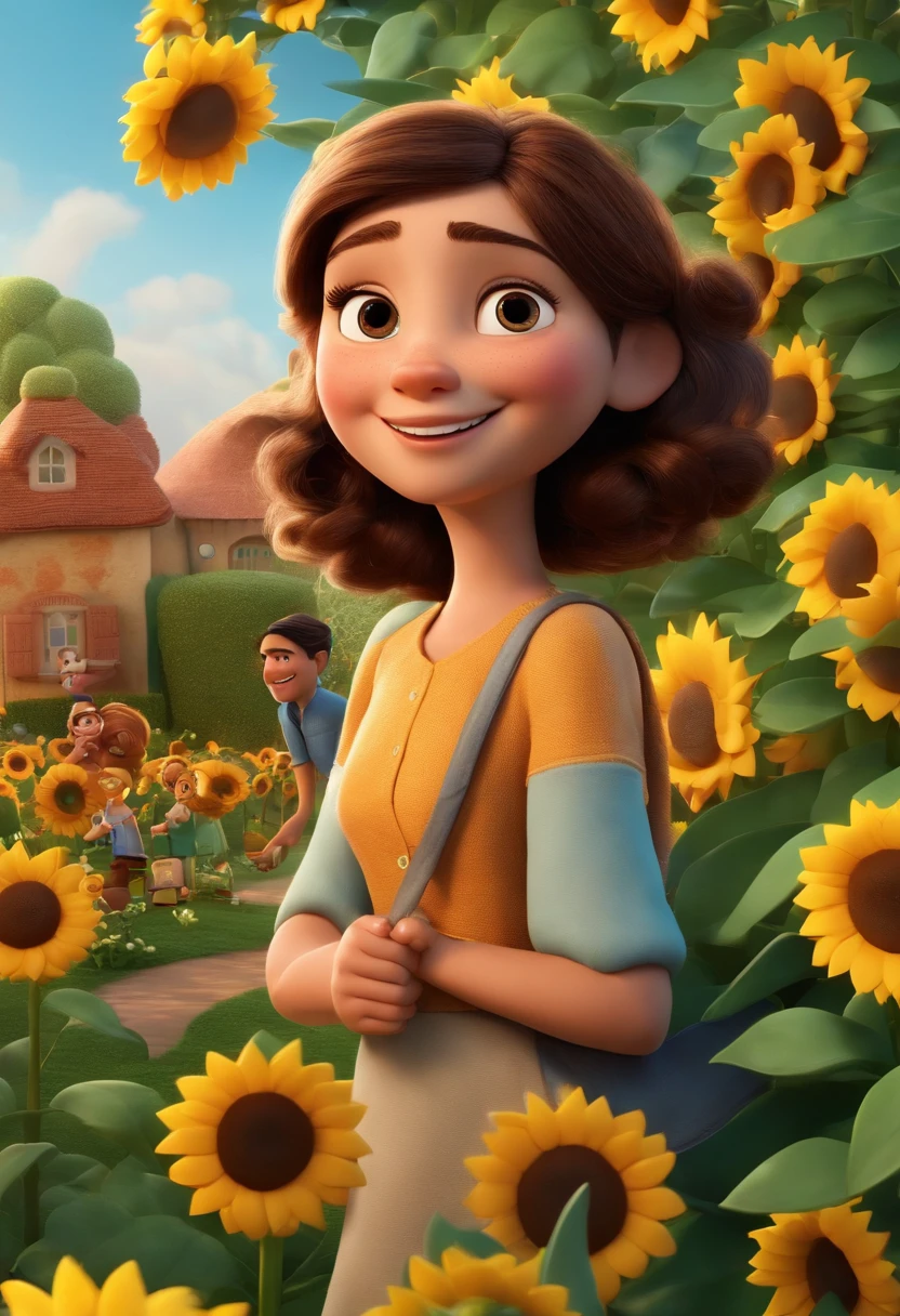 Create a Disney PIXAR-style 3D poster. ((two children)), ((2 children)) They're hugging each other, 1 menina tem pele castanha e cabelos castanhos escuros e olhos castanhos escuros, cabelos ondulados e longos 1 menina tem pele clara, olhos e cabelos escuros e cacheados, 1 mulher de pele morena, dark eyes wearing glasses and dark, straight hair)) 1 homem de pele clara, alto e magro, cabelos escuro e olhos castanhos ((tudo isso no estilo Disney PIXAR 3D, In the background, A house of sunflowers, Gloria Studio, The garden is full of nature 3D render RTX clay material, estilo de design cartunesco, POP Mart, soft lighting, linhas suaves, Spring tilt, Detailed illustrations of PIXAR 3D, Detalhes hiper-realistas, cor quente no estilo Disney PIXAR 3D))