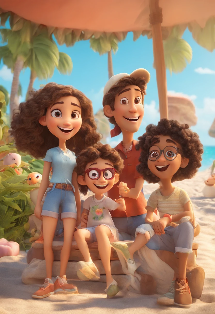 Cartoon of friends having fun on vacation together,  3D Animation Movie Poster, Poster de filme animado, pixar 3 d animation style, pixar renderman rendering, maia 8 mil, animated film, Disney Pixar Estilo 3D, amigos felizes saem juntos, all wearing light blue shirts and cream brown long pants, camisa azul clara, cream brown pants, ao ar livre, vacation, Disney Pixar Animation Poster