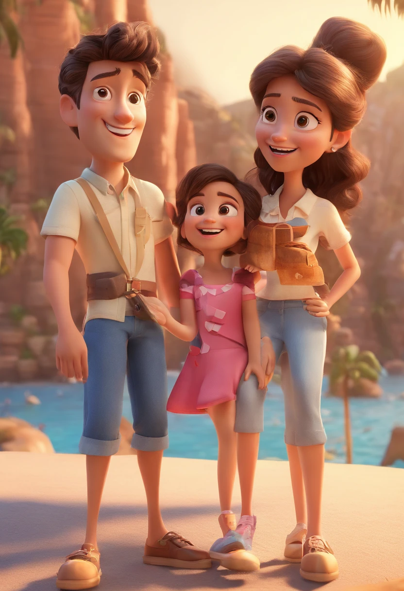 Cartoon of friends having fun on vacation together, 3D Animation Movie Poster, Poster de filme animado, pixar 3 d animation style, pixar renderman rendering, maia 8 mil, animated film, Disney Pixar Estilo 3D, amigos felizes saem juntos, all wearing light blue shirts and cream brown long pants, camisa azul clara, cream brown pants, ao ar livre, vacation, Disney Pixar Animation Poster