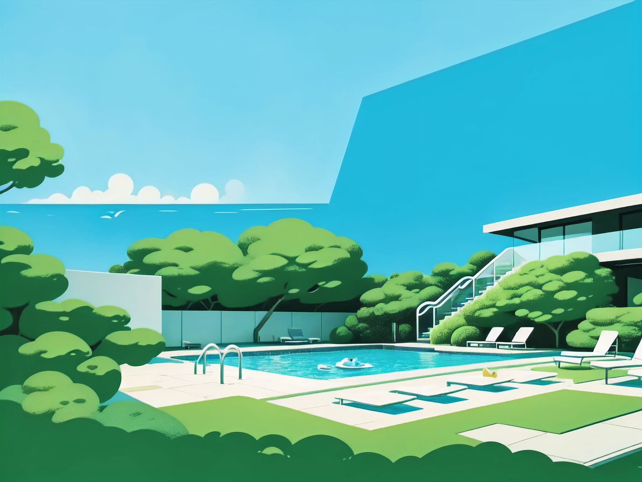 modern mid century home with a pool on a cliffs edge with a view done in looney tunes style with surreal background and simplistic bold color green