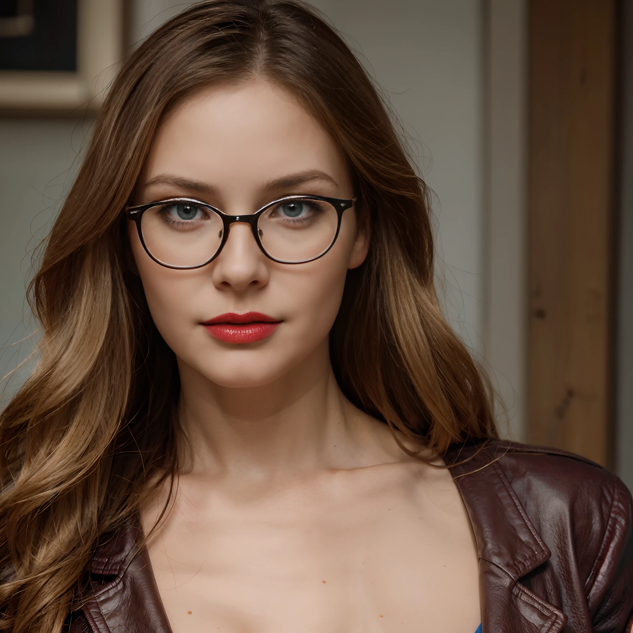 one woman, appearance 35 years old, glasses, pretty face, red lipstick, blonde, long hair, black jacket, blue eyes, front, close-up photo, 50mm lens, realistic image, portrait, photo style, HD, 4k, Stable Diffusion