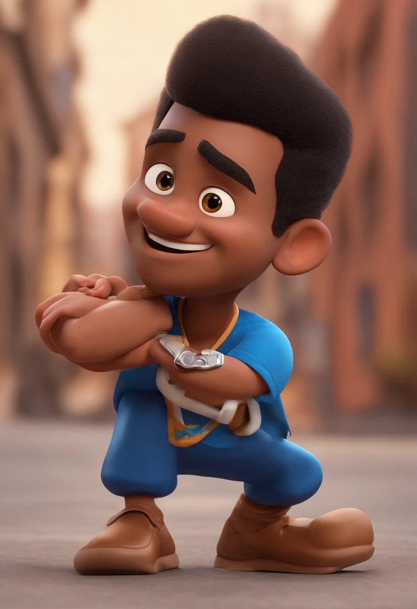 Personagem de desenho animado de um homem negro adulto com cabelo curto quase raspado uma camiseta azul, animation character, Caractere estilizado, animation style rendering, 3D estilizado, Arnold Maya render, 3 d render stylized, toon render keyshot, Personagem 3D, Personagem 3D, 3d rendering stylized, 3 d character render, personagem de desenho animado, Personagem de close up, Pose de personagem, (Estilo Pixar) (master part:1.2) (Bokeh) (best quality) (pele detalhada) (textura detalhada) (8k) (argila) (Cinematic lighting) (foco nítido