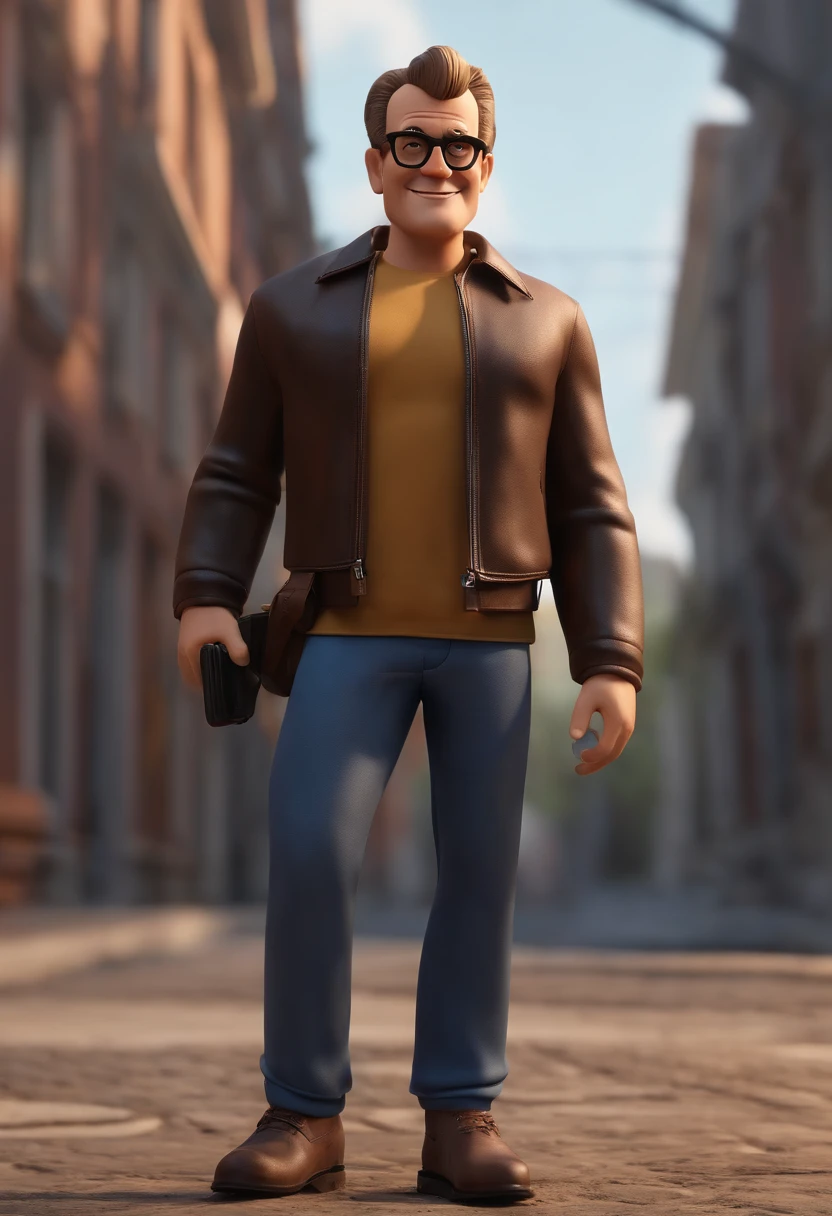 Personagem de desenho animado de um homem, 56 anos, 1,74m, 90kg, branco, olhos castanhos escuro,  Wearing black glasses and a blue shirt, leather jacket and pants, estilo James Dean, anos 70, moto de motoqueiro dos anos 70, um personagem animado, Caractere estilizado, animation style rendering, 3D estilizado, Arnold Maya render, 3 d render stylized, toon render keyshot, Personagem 3D, Personagem 3D, 3d rendering stylized, 3 d character render, personagem de desenho animado, Personagem de close up, Pose de personagem, (Estilo Pixar) (master part:1.2) (Bokeh) (best quality) (pele detalhada) (textura detalhada) (8k) (argila) (Cinematic lighting) (foco nítido，Senta e vaza a parte superior do corpo