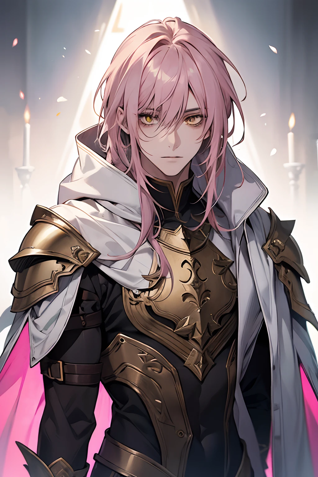 young male, messy pink medium length hair with bangs, yellow eyes, adult face, adult, white hood and shroud, bare torso with chest armor, thin lean and handsome, fantasy, sorcerer, femboy, rule of third