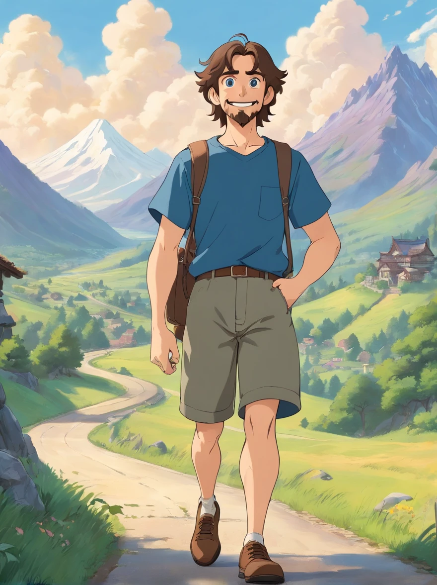 Draw a Caucasian man of about 40 years old, with long curly brown hair, gray-blue eyes. He is standing on a winding road, surrounded by majestic mountains. The man wears black clothing, including an Iron Maiden t-shirt. With an infectious smile, he makes the heavy metal horn sign with his right hand. The image must be in 4K, in Pixar's 3D cartoon style, capturing realistic and captivating features, while maintaining the visual appeal.