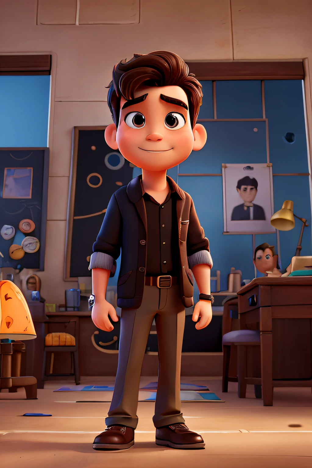 a Disney pixar-inspired movie poster with the title ("The Architect of the Future"). (O Arquiteto do futuro. A male architect in his office of the future in black clothes, cabelo curto e encaracolado e uma verruga na bochecha esquerda, brown with a watch on the right arm) a cena deve estar no distinto estilo de arte digital da Pixar, with a focus on character expressions, Vibrant colors and detailed textures that are characteristic of animations, with the title (Bruno Arquiteto)