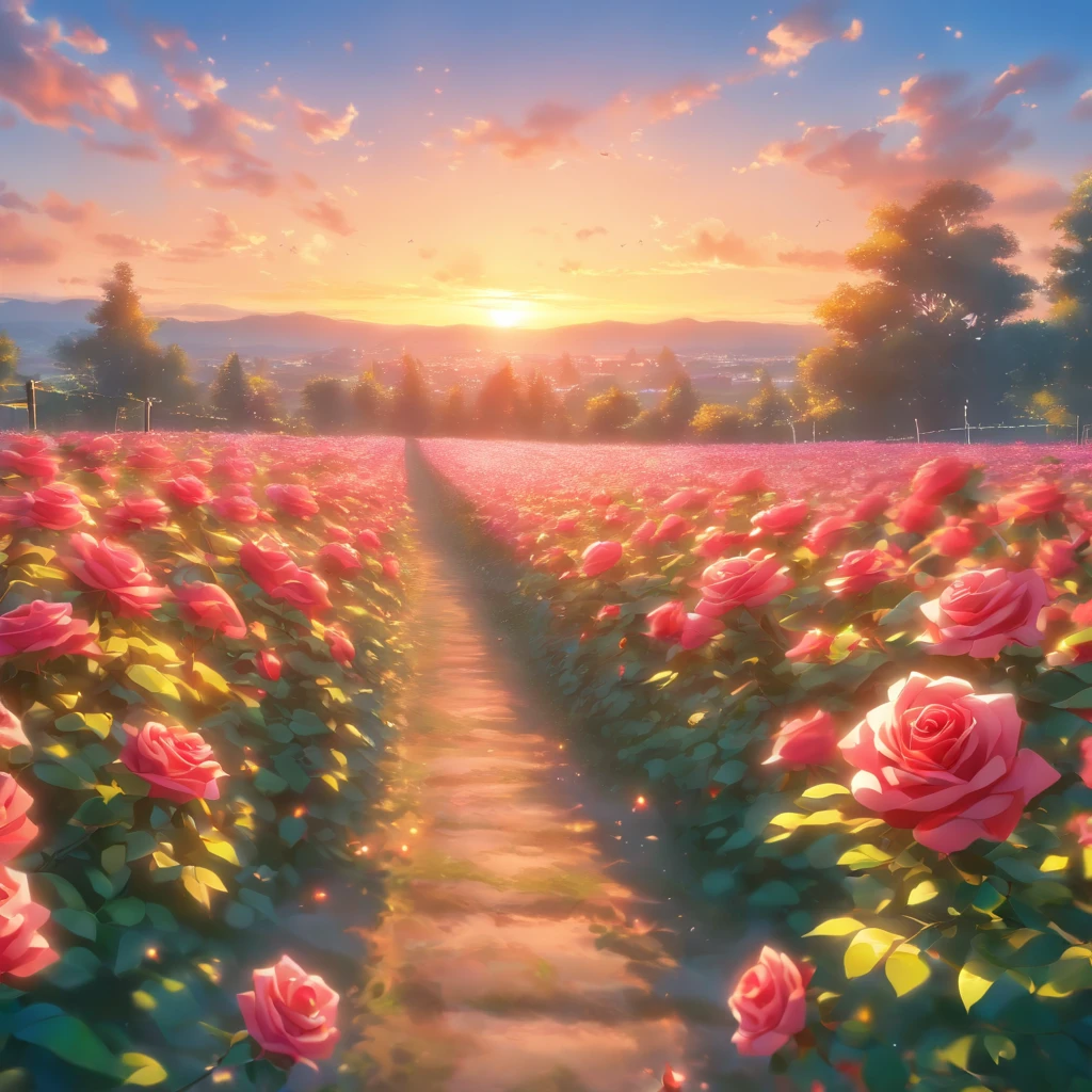 (best quality,4k,8k,highres,masterpiece:1.2),ultra-detailed,realistic,photorealistic:1.37,[HDR],[UHD],[studio lighting],[ultra-fine painting],[sharp focus],[physically-based rendering],[extreme detail description],[professional],[vivid colors],[bokeh],landscape,rose farm view from aerial drone shot, blooming colorful roses, lush greenery, endless rows of roses stretching into the horizon, gentle breeze rustling the leaves, bright sunshine casting warm light on the scene, vibrant and varied hues of roses, delicate petals with intricate details, long stems adorned with thorns, peaceful and serene atmosphere, clear blue sky as the backdrop, a picturesque view that evokes tranquility and beauty.