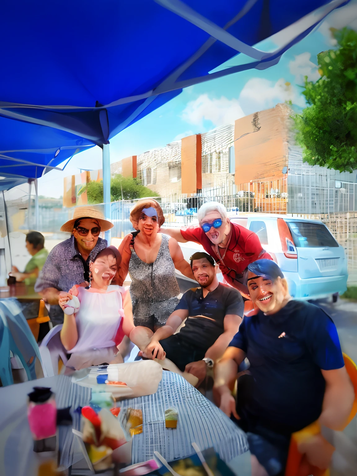 Several people sitting at a table with a blue umbrella, festival, editing, divertindo-se, sombrio, fotografia, Directed by: Nandor Soldier, Directed by: Juan Carlos Stekelman, Alarcon Cartunista, Directed by: Lee Loughridge, Foto realista, Directed by: Luis Molinari, Directed by: Tom Wänerstrand, lindo dia ensolarado