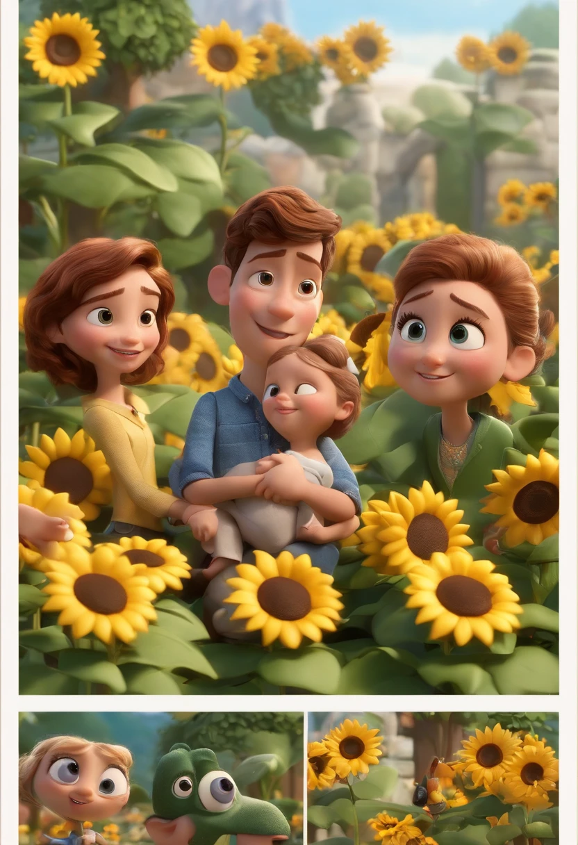 Create a Disney PIXAR-style 3D poster. ( 2 adults and 2 offspring)1 homem magro de cor castanho claro e olhos castanho escuro( 1 mulher morena, cabelos longos e pretos, bespectacled) ((centro da imagem, Two creations)), ((2 children)) ((2 duas meninas na frente, They're hugging each other, 1 menina tem pele clara, olhos e cabelos escuros e cacheados, e a outra menina tem pele morena, olhos escuros e cabelos escuros e lisos)) ((tudo isso no estilo Disney PIXAR 3D, In the background, A house of sunflowers, Gloria Studio, The garden is full of nature 3D render RTX clay material, estilo de design cartunesco, POP Mart, soft lighting, linhas suaves, Spring tilt, Detailed illustrations of PIXAR 3D, Detalhes hiper-realistas, cor quente no estilo Disney PIXAR 3D))