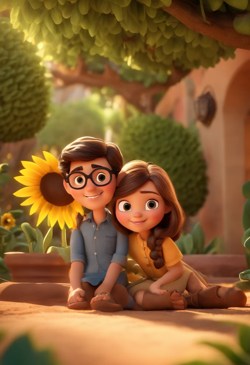 Create a Disney PIXAR-style 3D poster. ( 2 adults and 2 offspring)1 homem magro de cor castanho claro e olhos castanho escuro( 1 mulher morena, cabelos longos e pretos, bespectacled) ((centro da imagem, Two creations)), ((2 children)) ((2 duas meninas na frente, They're hugging each other, 1 menina tem pele clara, olhos e cabelos escuros e cacheados, e a outra menina tem pele morena, olhos escuros e cabelos escuros e lisos)) ((tudo isso no estilo Disney PIXAR 3D, In the background, A house of sunflowers, Gloria Studio, The garden is full of nature 3D render RTX clay material, estilo de design cartunesco, POP Mart, soft lighting, linhas suaves, Spring tilt, Detailed illustrations of PIXAR 3D, Detalhes hiper-realistas, cor quente no estilo Disney PIXAR 3D))
