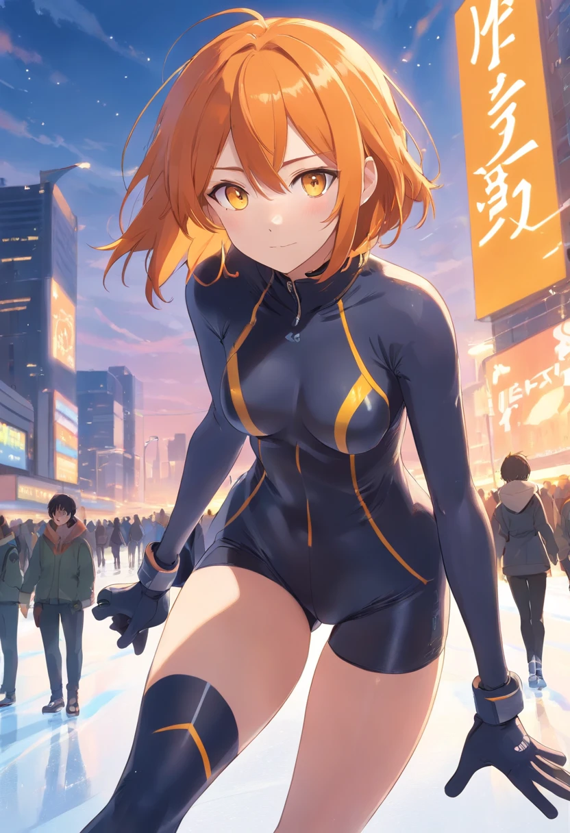 masterpiece、top-quality、Movie stills、1 female、Orange hair、Colossal tits、Big ass、black rubber suit、yellow eyes、Large, thick thighs、a short bob、wide hips、ice skating、musculature、Thigh muscles