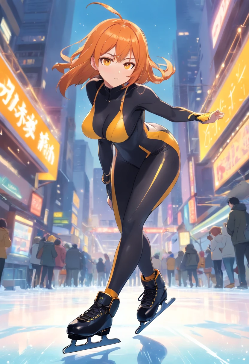 1 female、Orange hair、Colossal tits、Big ass、black rubber suit、yellow  eyes、Large, thick thighs、a short bob、wide hips、ice skating