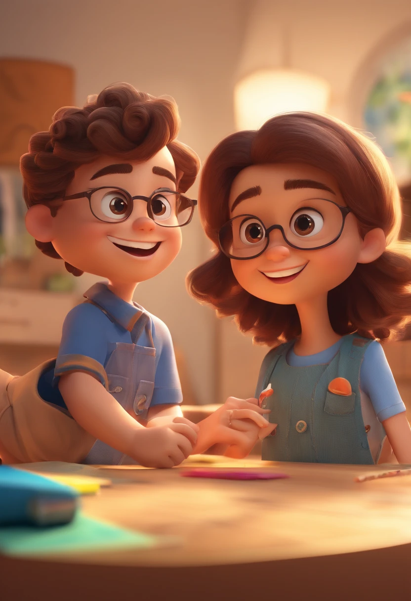 An illustration of an adorable couple, Spotlight on a smiling chubby white boy and a brunette girl with beautiful expressive eyes and glasses - the boy's skin is white and the boy's hair has, while the girl's skin is white and the girl's hair is curly and brown. They are a bright room, cada um com um sorriso no rosto, e compartilhar um momento especial caracterizado pelo amor, Insights. Illustrate this scene from a perspective where they are facing the camera, Smiling and Showing Your Connection. Desenvolva esta arte em Full HD, Focus on your cinematic touch, Estilo Disney Pixar Animations