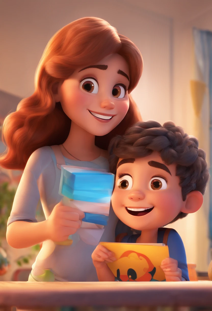 An illustration of an adorable couple, Spotlight on a smiling chubby white boy and a brunette girl with beautiful expressive eyes and glasses - the boy's skin is white and the boy's hair has, while the girl's skin is white and the girl's hair is curly and brown. They are a bright room, cada um com um sorriso no rosto, e compartilhar um momento especial caracterizado pelo amor, Insights. Illustrate this scene from a perspective where they are facing the camera, Smiling and Showing Your Connection. Desenvolva esta arte em Full HD, Focus on your cinematic touch, Estilo Disney Pixar Animations
