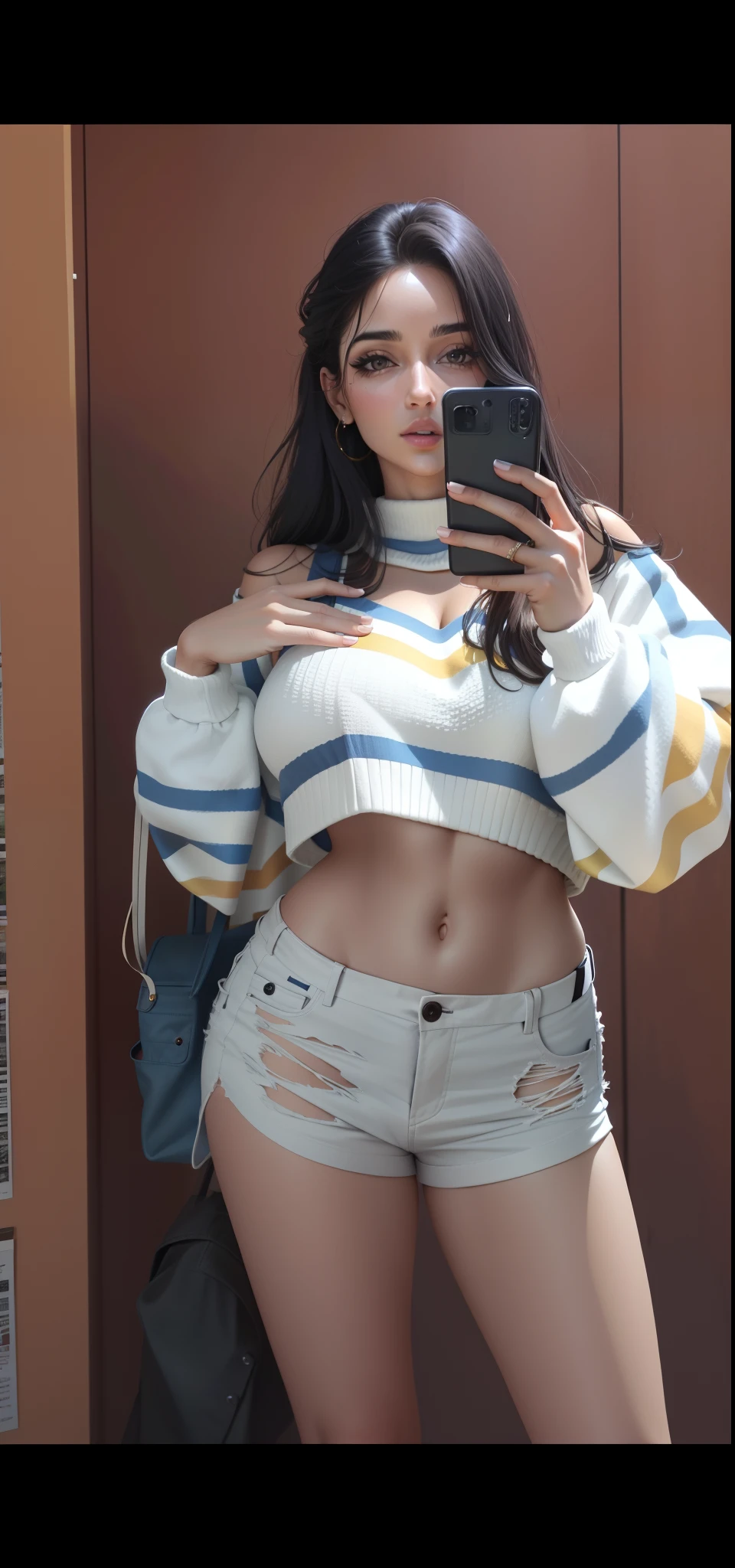 mulher araffed tirando uma selfie em um espelho com um telefone celular, midriff exposto, her navel is exposed, vestido com um top e shorts, ela tem uma barriga redonda gorda e agitada, roupa muito sexy, roupa sexy, roupa intrigante, coxas expostas!!!, 2 Modelo feminina de 4 anos, tiny waist, barriga exposta, Bonito midriff