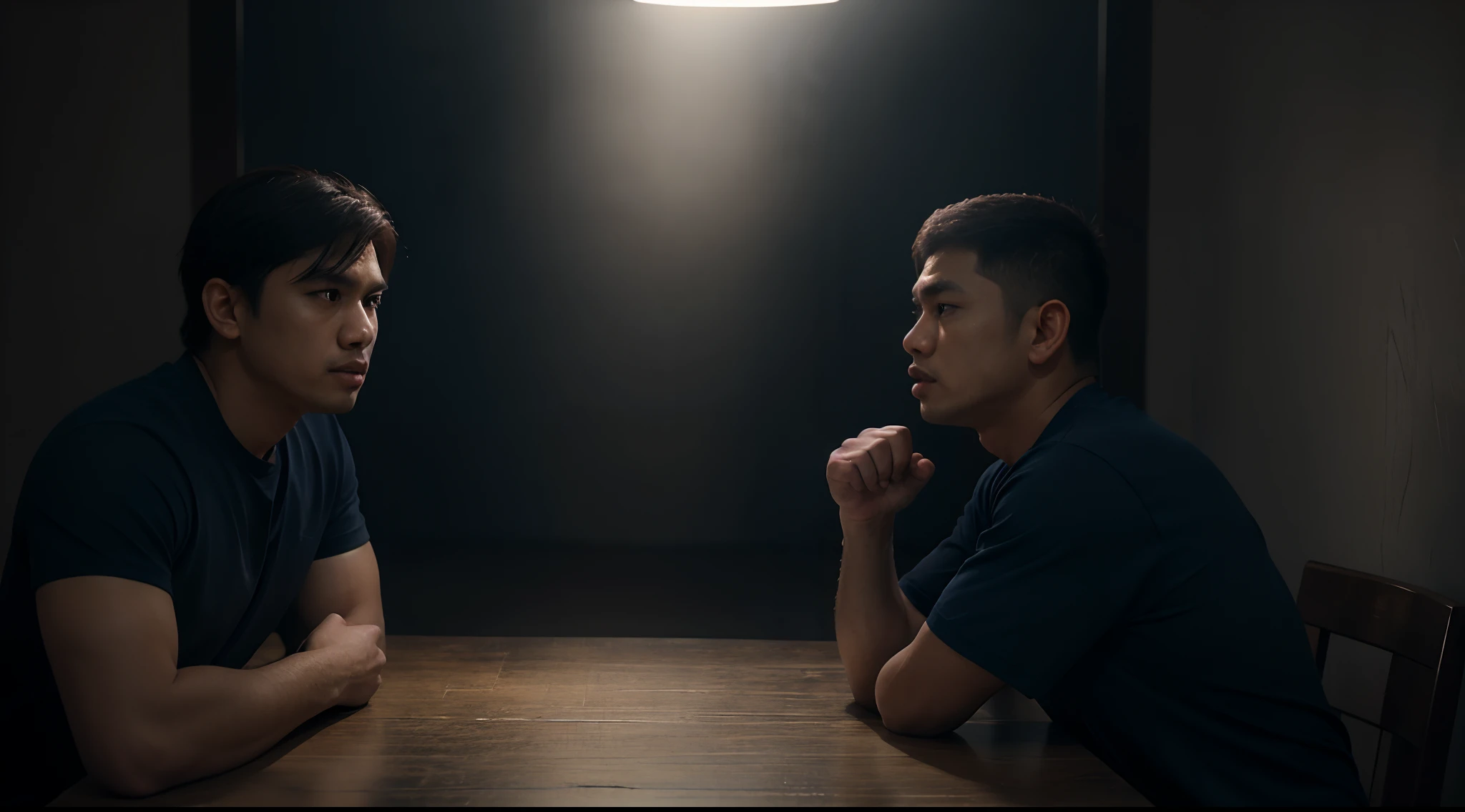 Imagine a cinematic photo capturing the intense moment when two Malay men face off in a heated argument. One man in dark blue outfit is seen grabbing and attempting to punch the other, while the tension in the scene is palpable. Enhance the dramatic atmosphere with dynamic lighting and framing that conveys the suspense and intensity of the situation, leaving viewers on the edge of their seats, 35mm lense, Top-Down Shot, Deep Focus cinematography effect, warm Lighting, dark-toned color grading, high quality, ultra detail, 8k resolution,