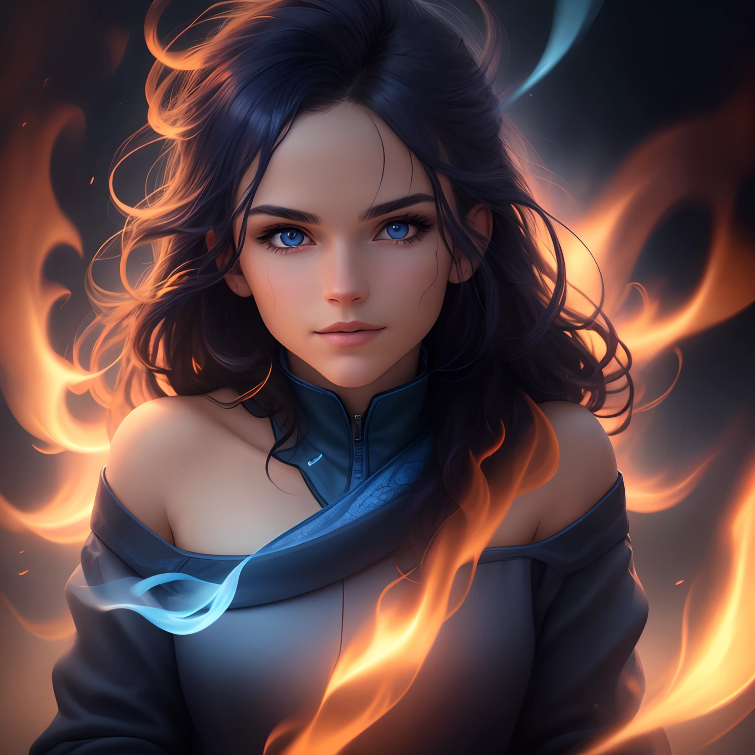 A person standing in front of a blue fire with my name "Sandro" depicted in vibrant flames, rendered with the medium of digital illustration. The person has intense, piercing eyes that convey a sense of strength and determination. The lips are detailed and express a subtle, confident smile. The scene is illuminated by dramatic studio lighting that casts deep shadows and highlights the fiery glow. The image quality is of the highest caliber, with ultra-detailed features and a realistic, photorealistic rendering style. The color palette is dominated by shades of blue, reflecting the fiery nature of the flames. Additional details include wisps of smoke swirling around the person, adding depth and dynamism to the composition.