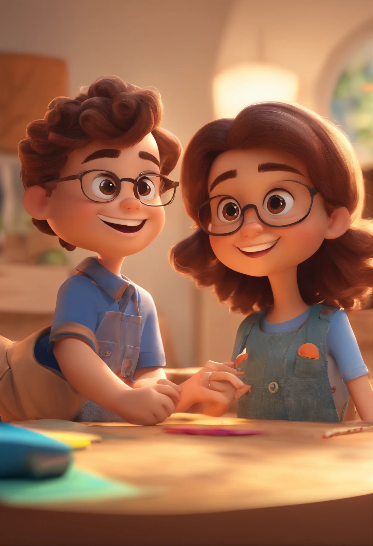An illustration of an adorable couple, Spotlight on a smiling chubby white boy and a brunette girl with beautiful expressive eyes and glasses - the boy's skin is white and the boy's hair has, while the girl's skin is white and the girl's hair is curly and brown. They are a bright room, cada um com um sorriso no rosto, e compartilhar um momento especial caracterizado pelo amor, Insights. Illustrate this scene from a perspective where they are facing the camera, Smiling and Showing Your Connection. Desenvolva esta arte em Full HD, Focus on your cinematic touch, Estilo Disney Pixar Animations