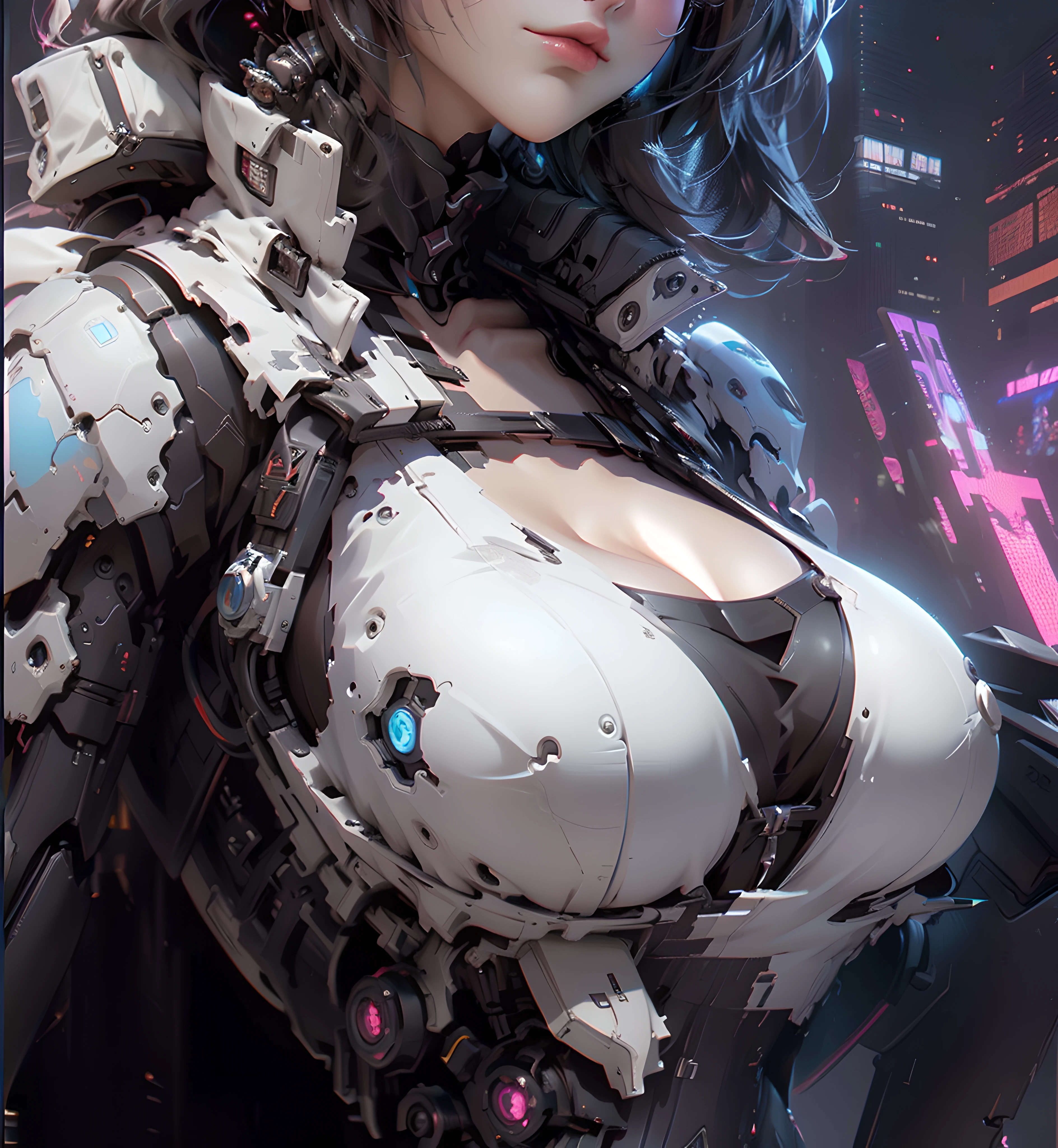 RAW, 1girl, colorful, ((white matte armor, blue lights )), (masterpiece, best quality), (gigantic breasts:1.2), (uniboob:1.9) ((pressed breasts:1.7)) (detailed skin:1.3, detailed face:1.3), dslr, realistic, (((seductive pose, detailed galaxy landscape))), 9epic galaxies in the background), warm colors for picture, delicate, cinematic lighting