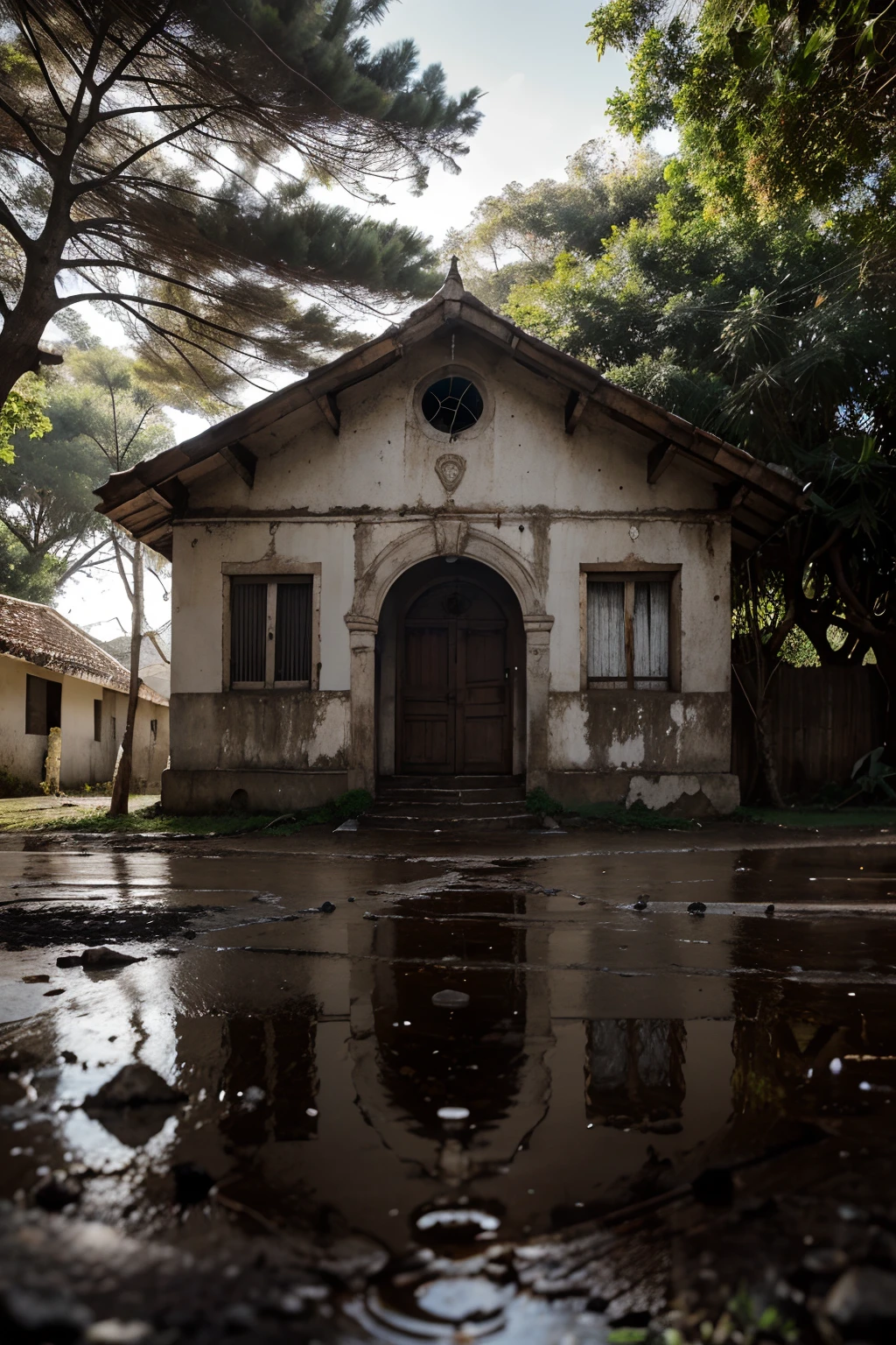 Era uma antiga casa abandonada, com paredes de pedra e janelas quebradas. forte contraste de luz e sombra e grande riqueza de detalhes,Puddles of water on the ground and a century-old tree