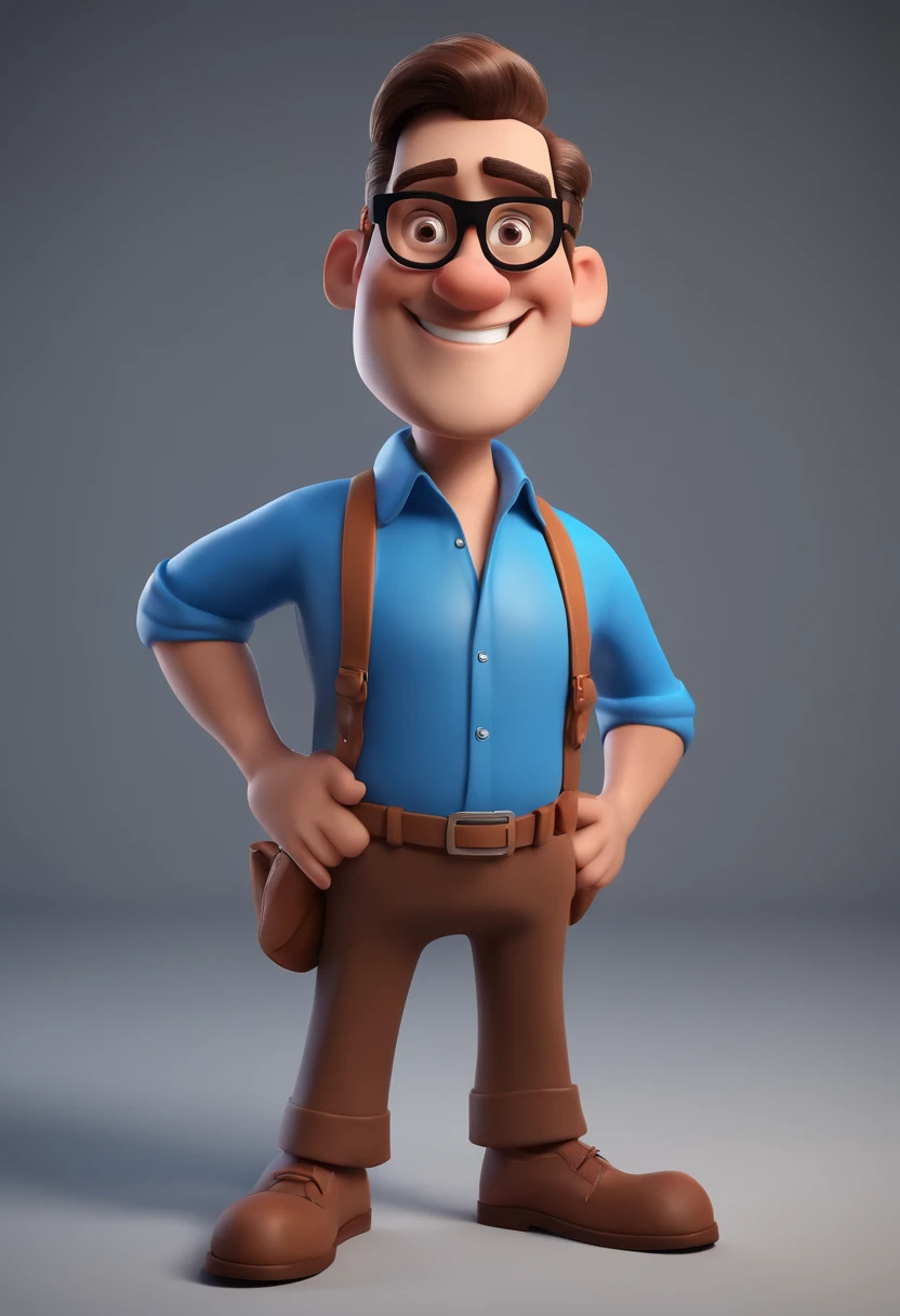 Cartoon character of a man with black glasses and a blue shirt, animation character, Caractere estilizado, animation style rendering, 3D estilizado, Arnold Maya render, 3 d render stylized, toon render keyshot, Personagem 3D, Personagem 3D, 3d rendering stylized, 3 d character render, personagem de desenho animado, Personagem de close up, Pose de personagem,  (Estilo Pixar) (master part:1.2) (Bokeh) (best quality) (pele detalhada) (textura detalhada) (8k) (argila) (Cinematic lighting) (foco nítido