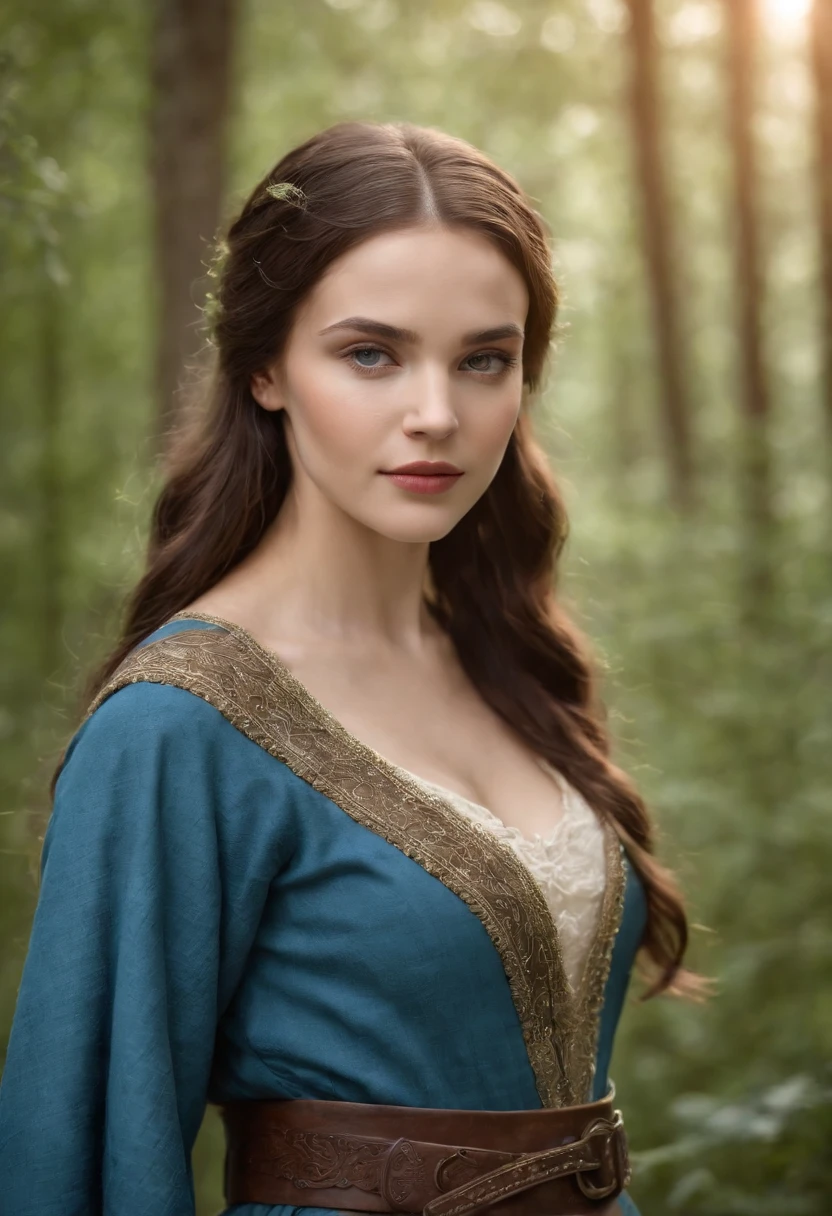 em torno de 10 anos, cabelos loiros naturais, olhos esccuros distintos, vestindo azul, Slender and gracile belt, Beautiful, luz de velas em um ambiente medieval, Ultra sharp focus, tiro realista, roupas femininas medievais, cores tetradicas