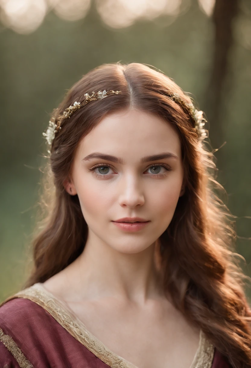 em torno de 10 anos, cabelos loiros naturais, olhos esccuros distintos, vestindo azul, Slender and gracile belt, Beautiful, luz de velas em um ambiente medieval, Ultra sharp focus, tiro realista, roupas femininas medievais, cores tetradicas