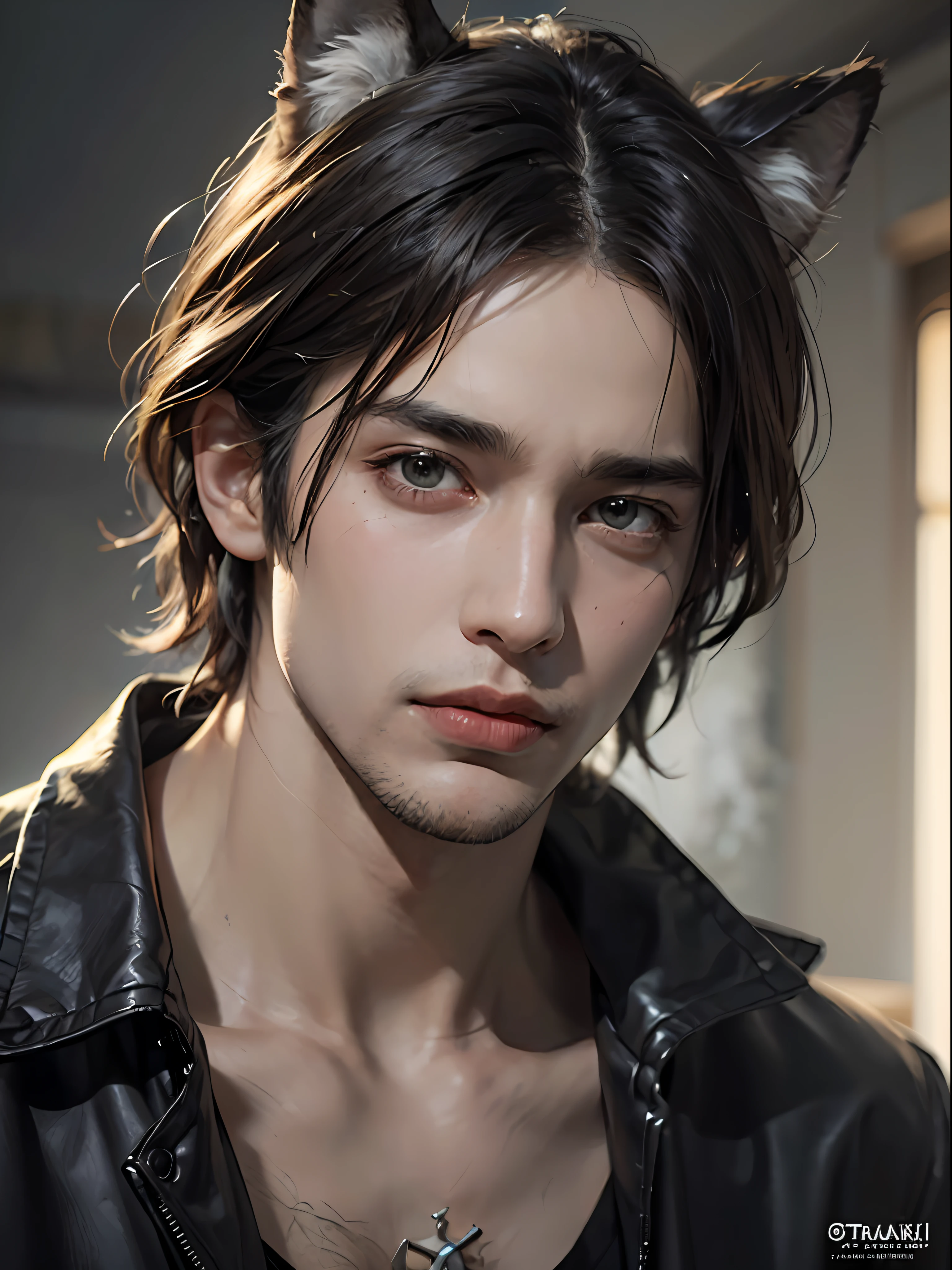 1man, stern and handsome young man with fluffy wolf ears, solo focus, adult, young adult face, short black hair, black shirt, at home, realistic, dynamic pose realistic, detailed and correct facial structure, LEON S. KENNEDY, handsome, attractive, slightly muscular, cinematic lighting, unreal engine, trending on ArtStation, intricate details, masterpiece, best quality, by Irakli Nadar, Greg Rutkowski,(((best quality))),(((ultra detailed))),(((masterpiece)))
