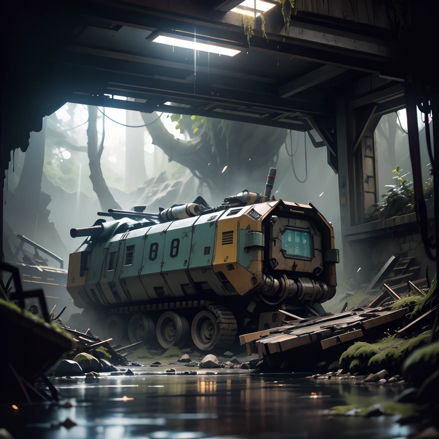Visualize an underground cave with a underground lake, light rays pierce the dark cave, vines coming down from an opening in the cave above, mossy rocks line the interior walls, a war torn damaged Gundam decaying for centuries laying in a pool of water, the exoskeleton torso frame seems to have merged with the surroundings, in a seated pose, pool of water, parts of its body have been damaged and a battle that left it non-operational, rust had eaten away at its majestic paint job leaving behind only the faint words "DAINOMYTE", chest cockpit seems to have been open by the pilot, no power, water still trickling down on head from opening above, foggy below, , broken and old, mecha, 6000, robot, 8k , super details, Photorealistic, film quality, ultra detailed, dynamic lighting