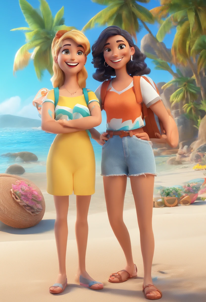 Cartoon of friends having fun on vacation together,  3D Animation Movie Poster, Poster de filme animado, pixar 3 d animation style, pixar renderman rendering, maia 8 mil, animation film, Disney Pixar Estilo 3D, There are two people next to each other on a beach, vacation photo, imagem de qualidade muito baixa, O oceano ao fundo, com montanhas como pano de fundo, Fotografia selfie 8k, com montanhas ao fundo, oceano ao fundo, Casal feliz, com montanhas no fundo, Fotografia tirada em 2 0 2 0, Ruins in the background