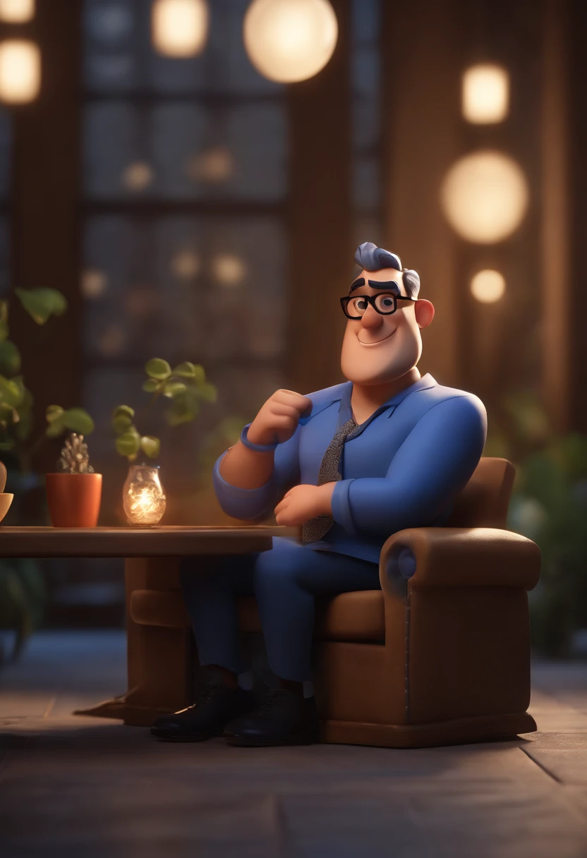 Cartoon character of a man wearing black glasses and a blue shirt, um personagem animado, Caractere estilizado, animation style rendering, 3D estilizado, Arnold Maya render, 3 d render stylized, toon render keyshot, Personagem 3D, Personagem 3D, 3d rendering stylized, 3 d character render, personagem de desenho animado, Personagem de close up, Pose de personagem, (Estilo Pixar) (master part:1.2) (Bokeh) (best quality) (pele detalhada) (textura detalhada) (8k) (argila) (Cinematic lighting) (foco nítido,Senta e vaza a parte superior do corpo