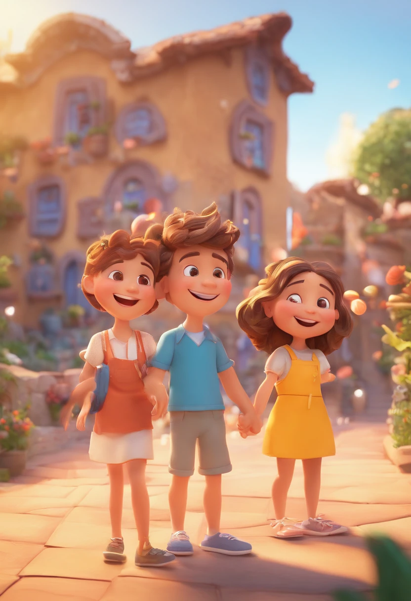 An illustration of an adorable couple, Highlight for a smiling chubby white boy and a brunette girl with beautiful expressive eyes and glasses - the boy's skin is white and the boy's hair has, while the girl's skin is white and the girl's hair is curly and brown. They are a bright room, cada um com um sorriso no rosto, e compartilhar um momento especial caracterizado pelo amor, Insights. Illustrate this scene from a perspective where they are facing the camera, Smiling and Showing Your Connection. Desenvolva esta arte em Full HD, Focus on your cinematic touch, Estilo Disney Pixar Animations
