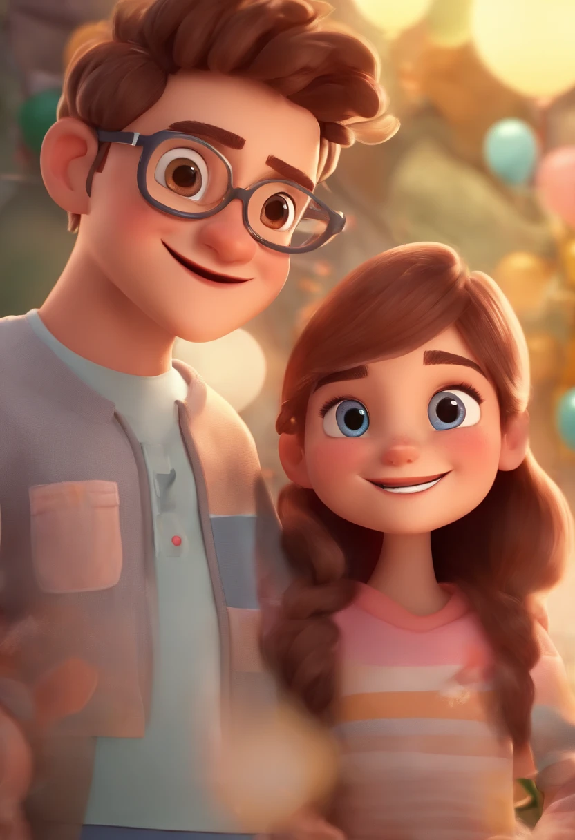 An illustration of an adorable couple, Highlight for a smiling chubby white boy and a brunette girl with beautiful expressive eyes and glasses - the boy's skin is white and the boy's hair has, while the girl's skin is white and the girl's hair is curly and brown. They are a bright room, cada um com um sorriso no rosto, e compartilhar um momento especial caracterizado pelo amor, Insights. Illustrate this scene from a perspective where they are facing the camera, Smiling and Showing Your Connection. Desenvolva esta arte em Full HD, Focus on your cinematic touch, Estilo Disney Pixar Animations