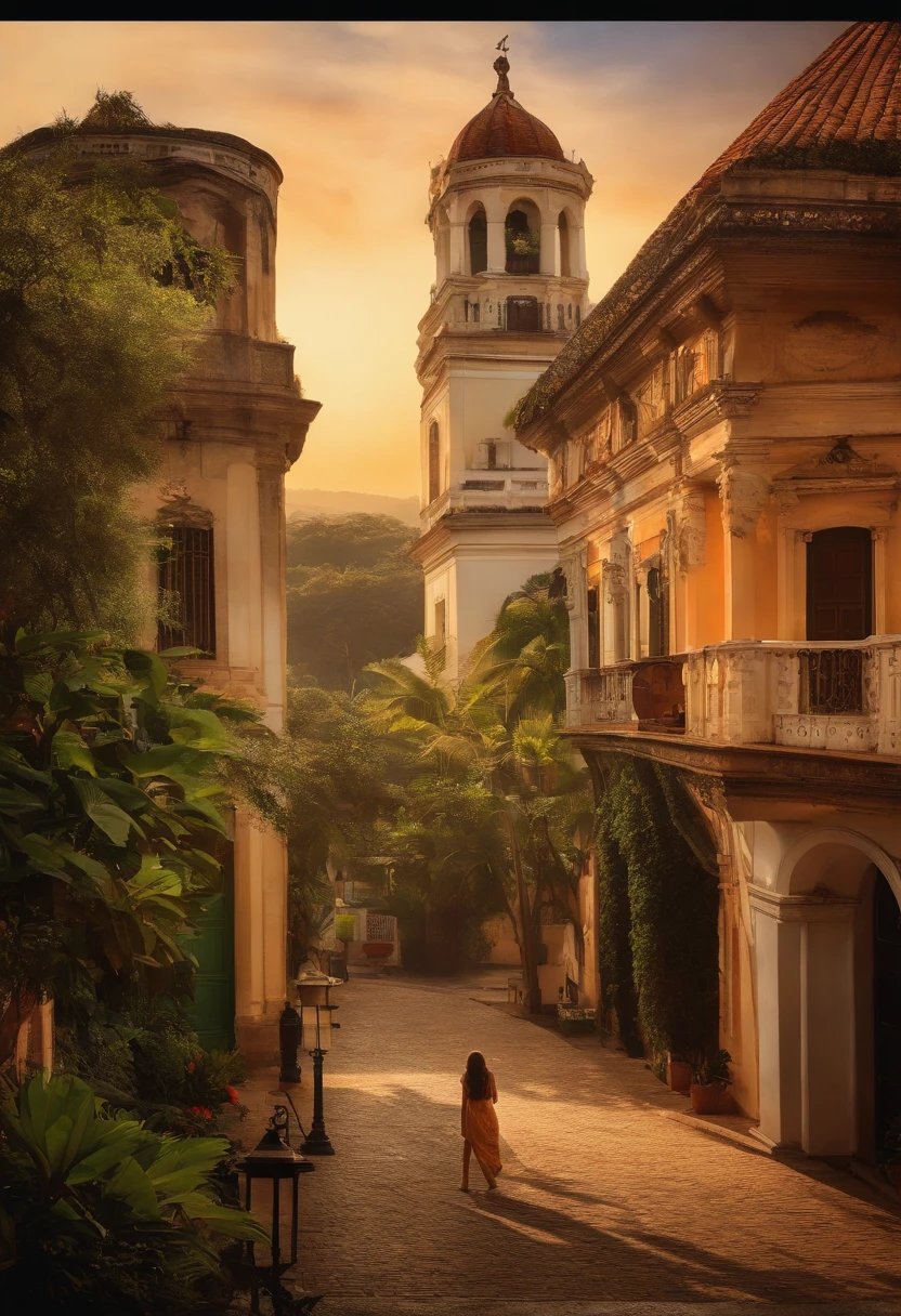Imagem de uma filha da Caridade de sao vicente de Paulo, usando o antigo habito com paisagem que contenha capela e palmeiras imperiais, For museum publicity. Semblante doce, com sorriso ameno em formato Pixar