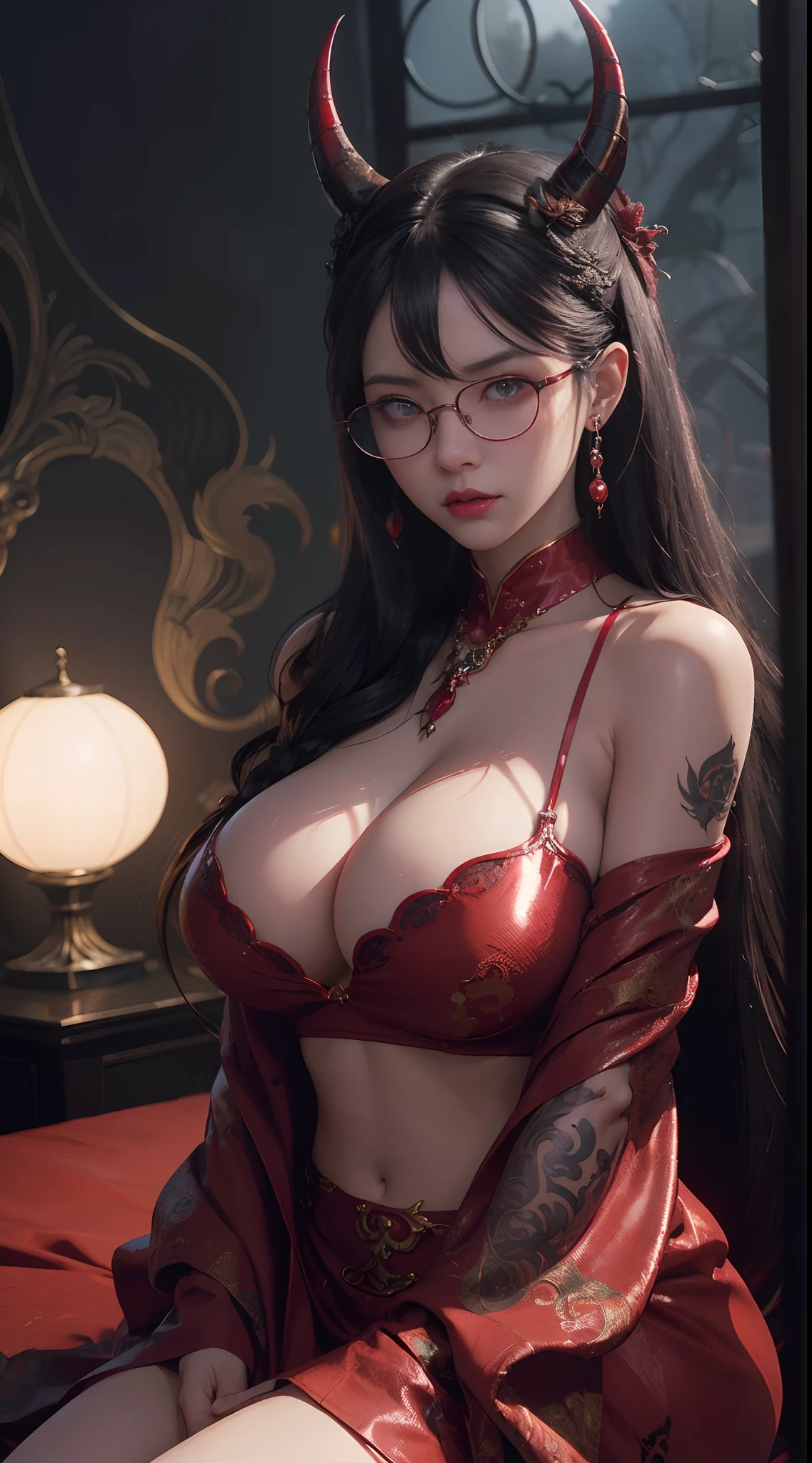 Fine、(The best illustrations)、8k UHD resolution、intricate-detail、top-quality、realisitic、ultra-detailliert、The best lighting、Best Shadows、Soft lighting、Ulutra HD、Ultra-realistic、Tindall Effect、Photorealsitic、(High Detail Skins:1.2)、 (Intricate details, makeup, pureerosface_v1:0.5), (Detailed beautiful delicate face, Detailed beautiful delicate eyes, A perfectly proportioned face, High detailed skin, Detailed skin, best ratio four finger and one thumb, arms below breasts, Tattoo with a red glow under the stomach、Awesome awesome, wide hips, smooth midriff, skiny and thin, __Fashion__, __hair__:1.25)、Digital SLR、 absurderes、1 beautiful devil woman from hell, surreal female portraits by David Hockney and Alphonse Mucha, Portrait of a seductive woman、Fantasy Art, Chinese Doll、Chinese actress、Dungeon、The dragon、Devil's Palace、Devil's Torture Chamber、natta、Dark style 、In the Dark、(Detailed spooky backgrounds:0.8), magia、 1人、Evil Nun、Dark Necromancer、Succubus、Devil's Daughter、Umi Shinonome、Bat Wings,(((Demon Horns)))、 ((((Huge glasses, Otaku Glasses, thick glasses, Round glasses)))),(((Colossal tits)))、(Devil's Tail)、(red eyes glowing:1.6)、red eyes make up very sharp and detailed, The eyes are very well made up, ((Red Eye:1.0)),intricate tattoos, demonic intricate tattoos, thigh tattoos, body tattoos, masterpiece、The most beautiful face、a baby face、Charming smile、plump beautiful red lips、Muscular seductive body、The enchanting body of the devil、devil style、Seductive Black Magic Costume、(((A shiny red snake is wrapped around her body)))、The long-haired、Braids、Black hair、Ponytail distortion、, Ponytail with a bow tied at the back of the hair, Beautiful expression、Body Up、Large breasts emphasis、Bust, Super tight breasts, Breast augmentation surgery, The breasts are very big and round and round,Toned waist、Wide buttocks、 lowkey, cowboy lens, (red phoenix dress: 1.0), devil crown, Red sparkling gemstone necklace、Jewelry Gwise, wearing black mesh socks,Wear light red、nffsw,