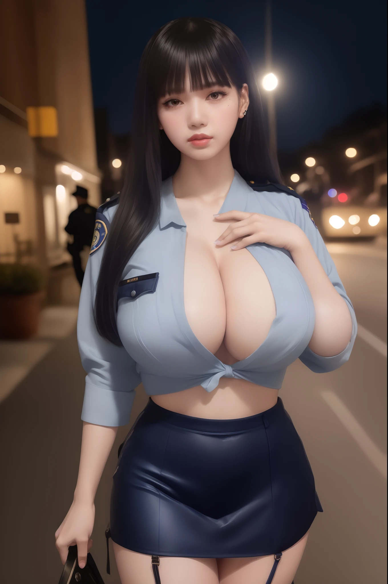 (masterpiece:1.3), (High resolution:1.1), Detailed beautiful face, Detailed beautiful, (huge breasts, gigantic breasts:1.4,  araffes in a police uniform posing for a picture, officer, police officer, with a large breasts, wearing a police uniform, intriguing outfit, oppai  trending at cgstation, with large breasts, oppai, gorgeous chinese model, very sexy outfit, police, really large bust, with glowing blue lights, realistic cosplay, police lights shine on her face,Korean girl,Korean,sexy korean