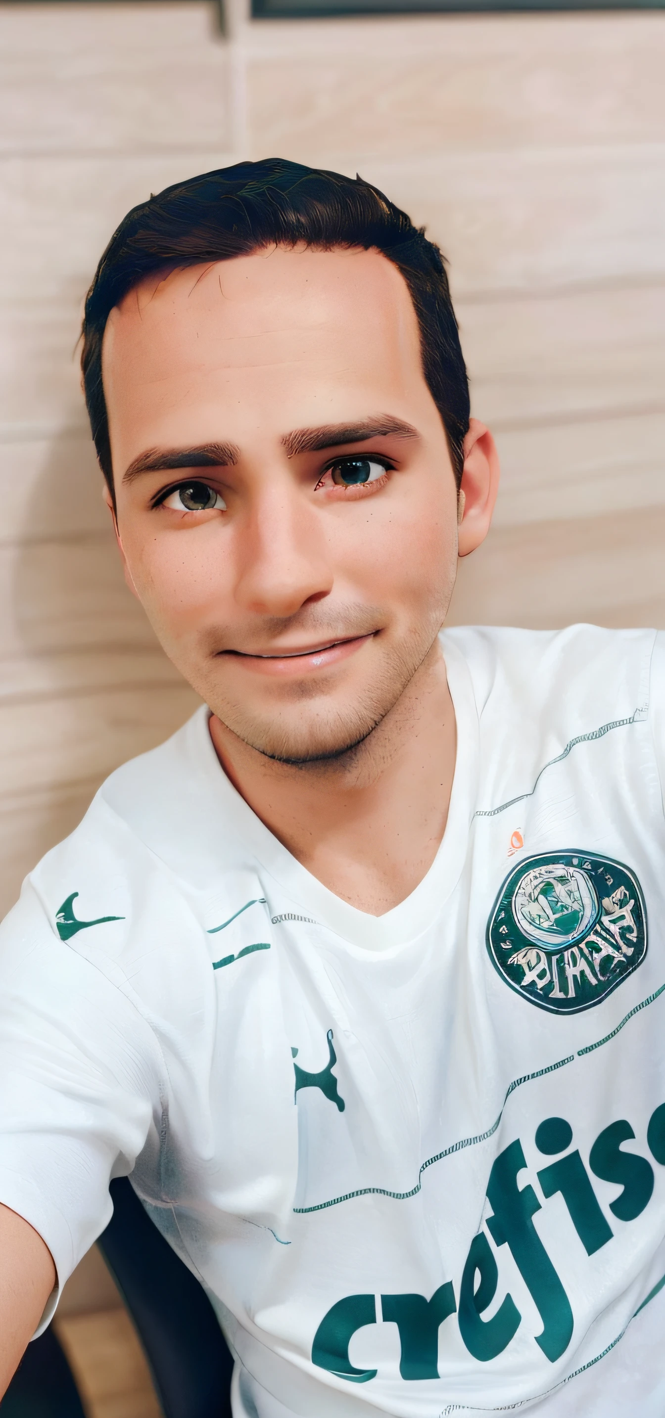 I want an image of a 30-year-old man, smiling and with brown hair and a beard and a Brazilian team palmeiras t-shirt