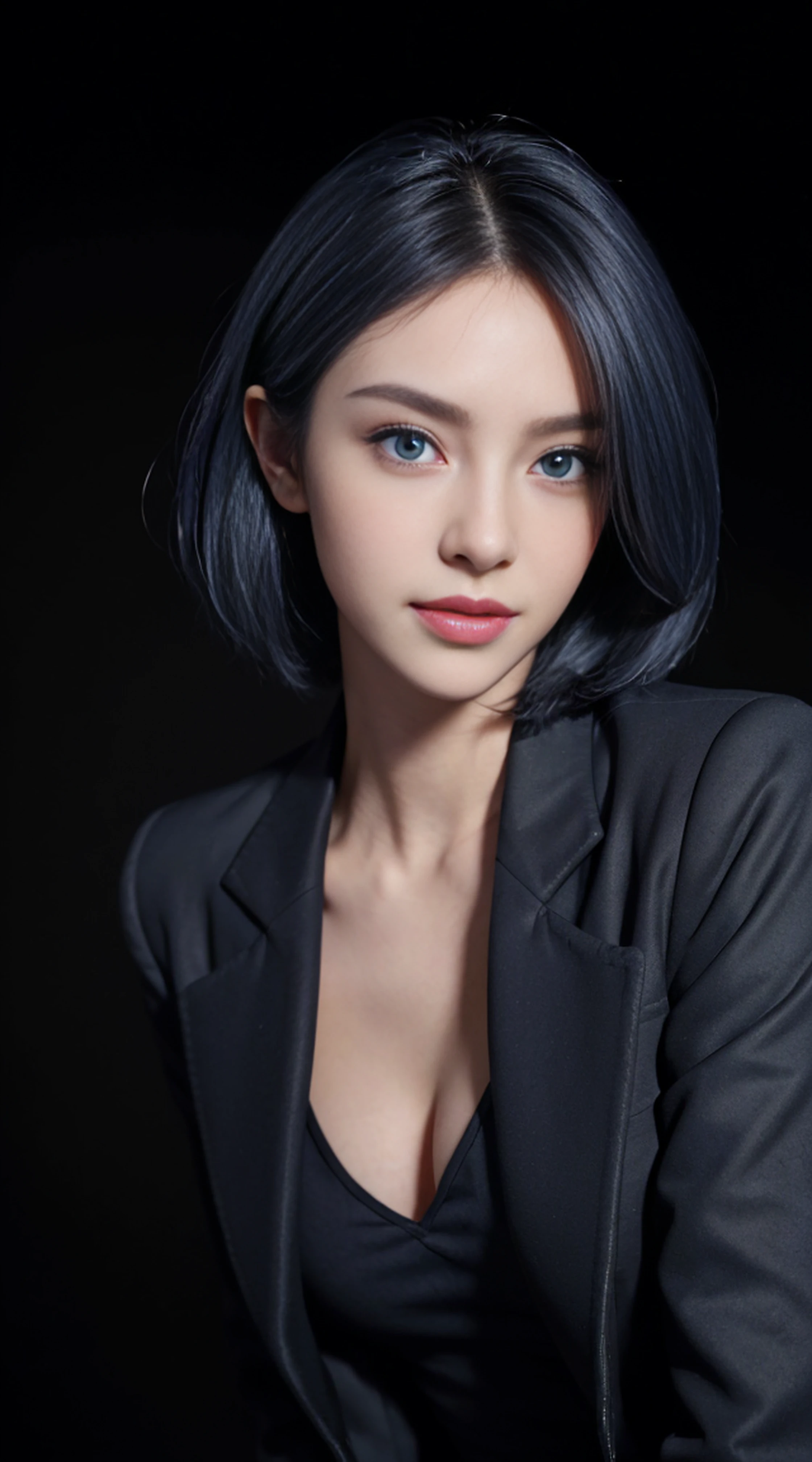 8K, Top Quality, Intricate Details, Ultra Detail, Ultra High Resolution, Masterpiece, random angle,  Slender, Smile, (Makeup: 0.4), (Fluffy Blue Eyes: 1.21), blue Eyes, looking at viewer, ((full body)), 1girl, solo, 1 girl, (( full body)), close up shot, , ((tall)), (((fit body))), (((slim face))), sharp face, sharp eyes, (((random colour hair,  )) , (detailed face), sharp face, small lips, 
 (( )), ((open mini coat)),  detailed face, detailed breast, , large breast, detail ass, , Beautiful girl with accentuated slender abs: 1.4, Six Pack Abs: 1.4, Bust Botox, Big, Perfect Body, detail leg, (( dark background)), black background, (((see the whole body)))