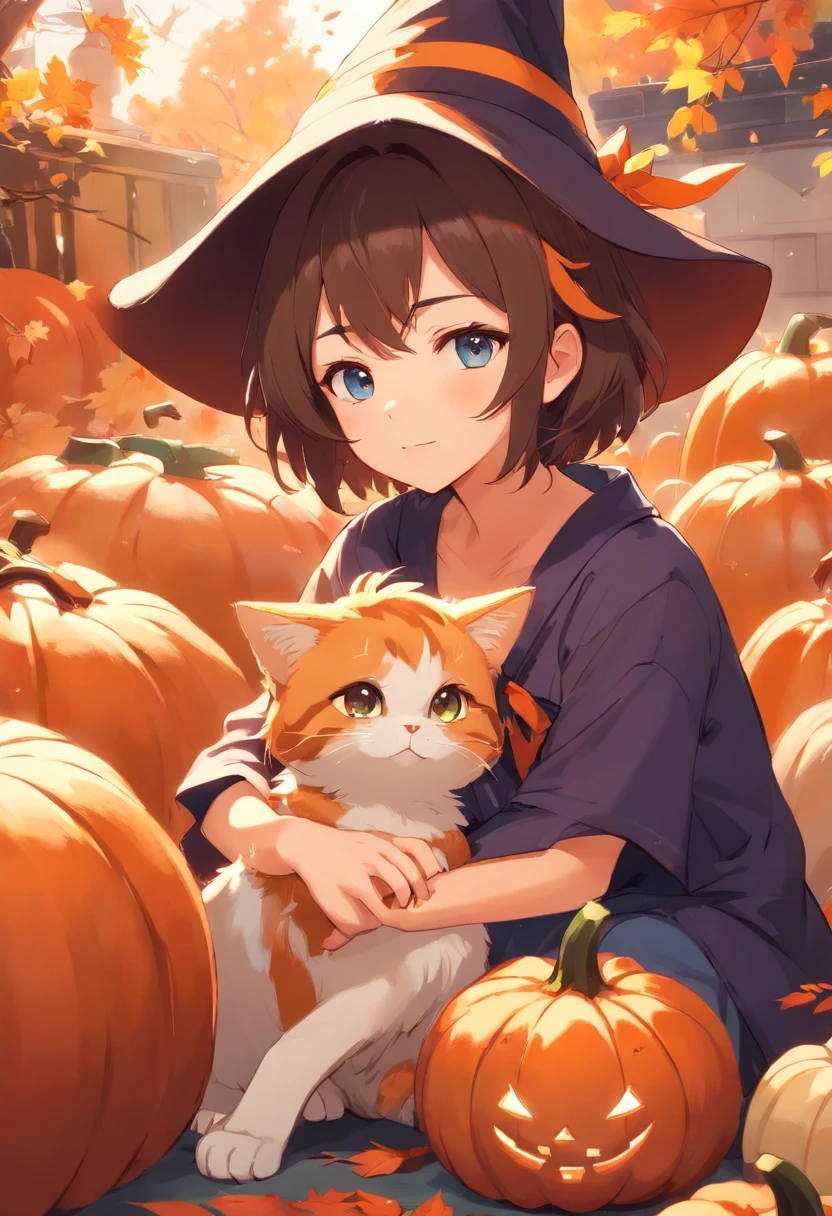 Um gato branco de pelo curto, gordo, wearing a witch's hat, Tem uma cauda curta, pumpkins, dia das bruxas, Os morcegos
