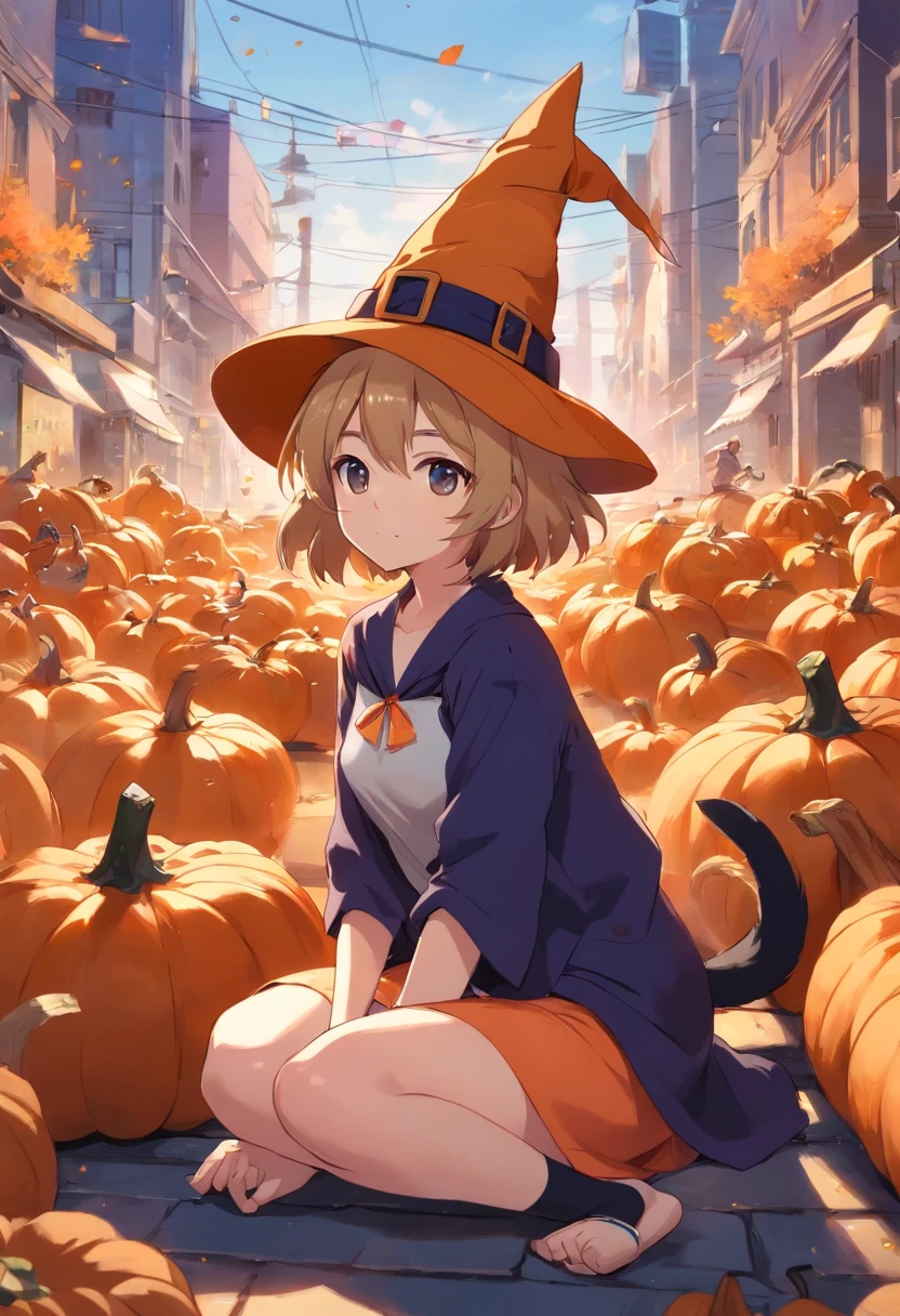 Um gato branco de pelo curto, gordo, wearing a witch's hat, Tem uma cauda curta, pumpkins, dia das bruxas, Os morcegos