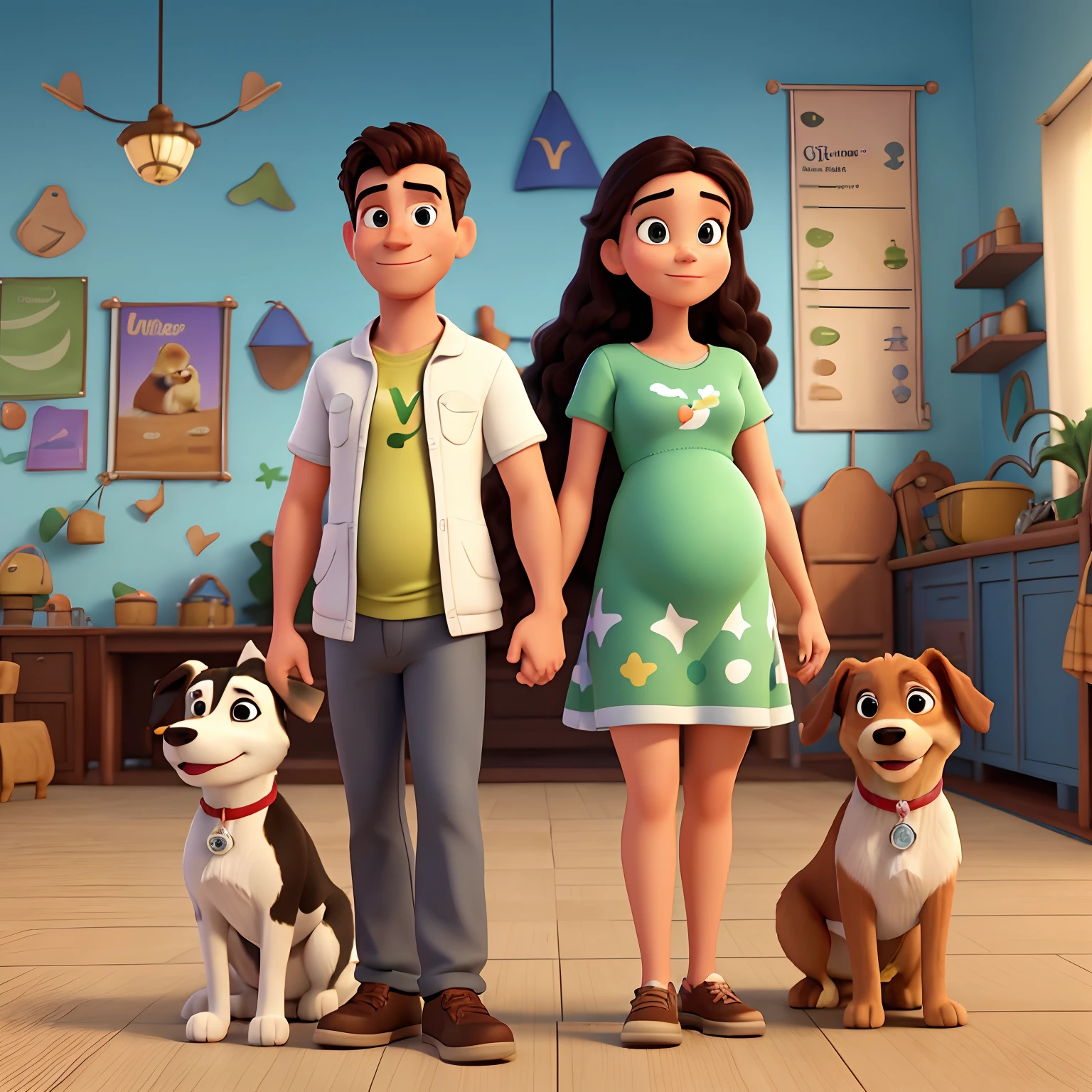 Disney Pixar Style 3D Poster, homem branco loiro e com barba castanha curta, em uma camiseta verde, Next to it is a dog, a white female border collie and a brunette woman with long black hair, em um vestido branco, who is pregnant