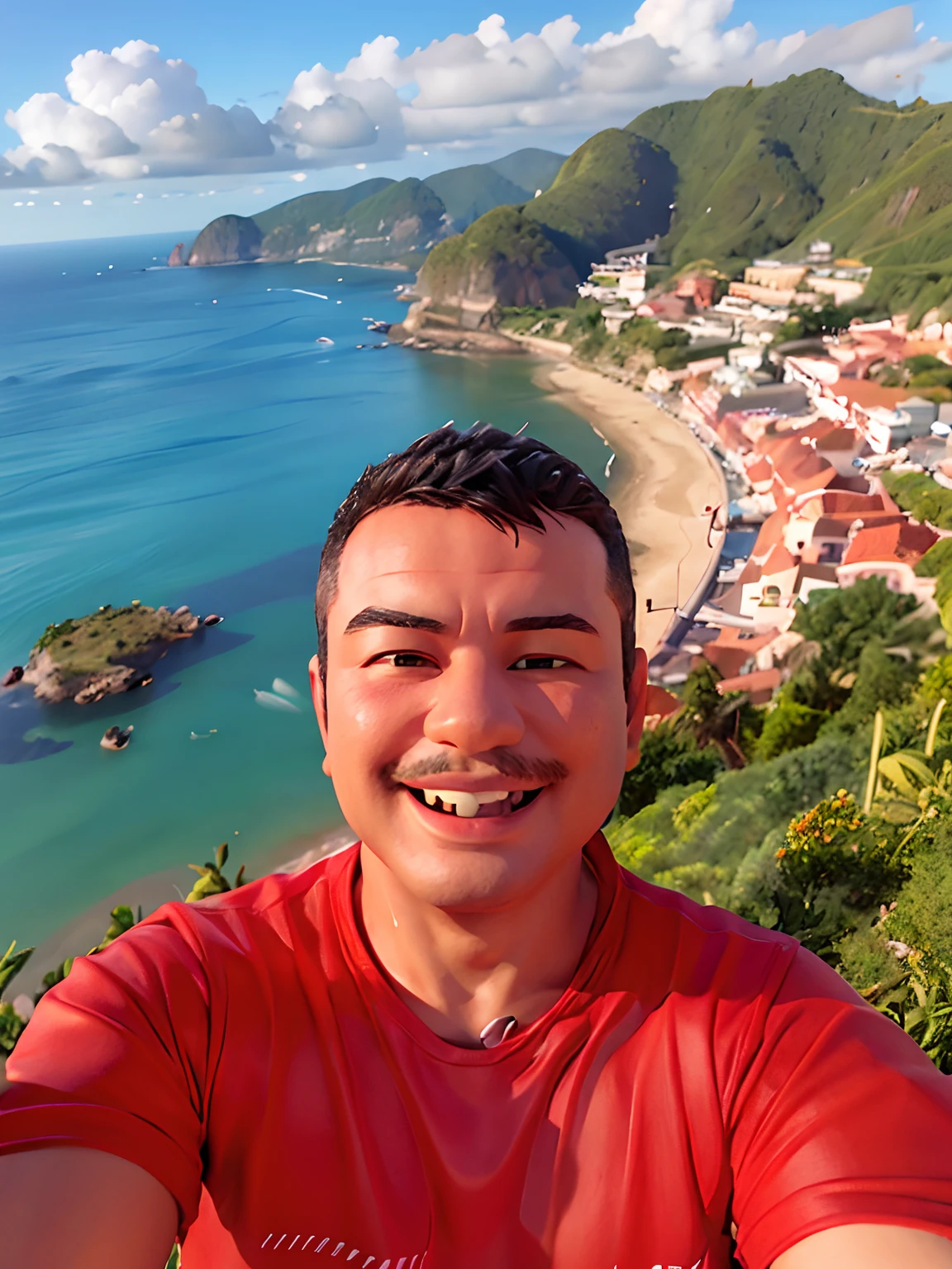 smiling man taking a selfie with a view of a beach and town, david rios ferreira, icaro carvalho, caio santos, edu souza, by Luis Miranda, gui guimaraes, by Nándor Katona, dan dos santos, Henry Alvim Correa, joe alves, by Samuel Silva, andrea rocha