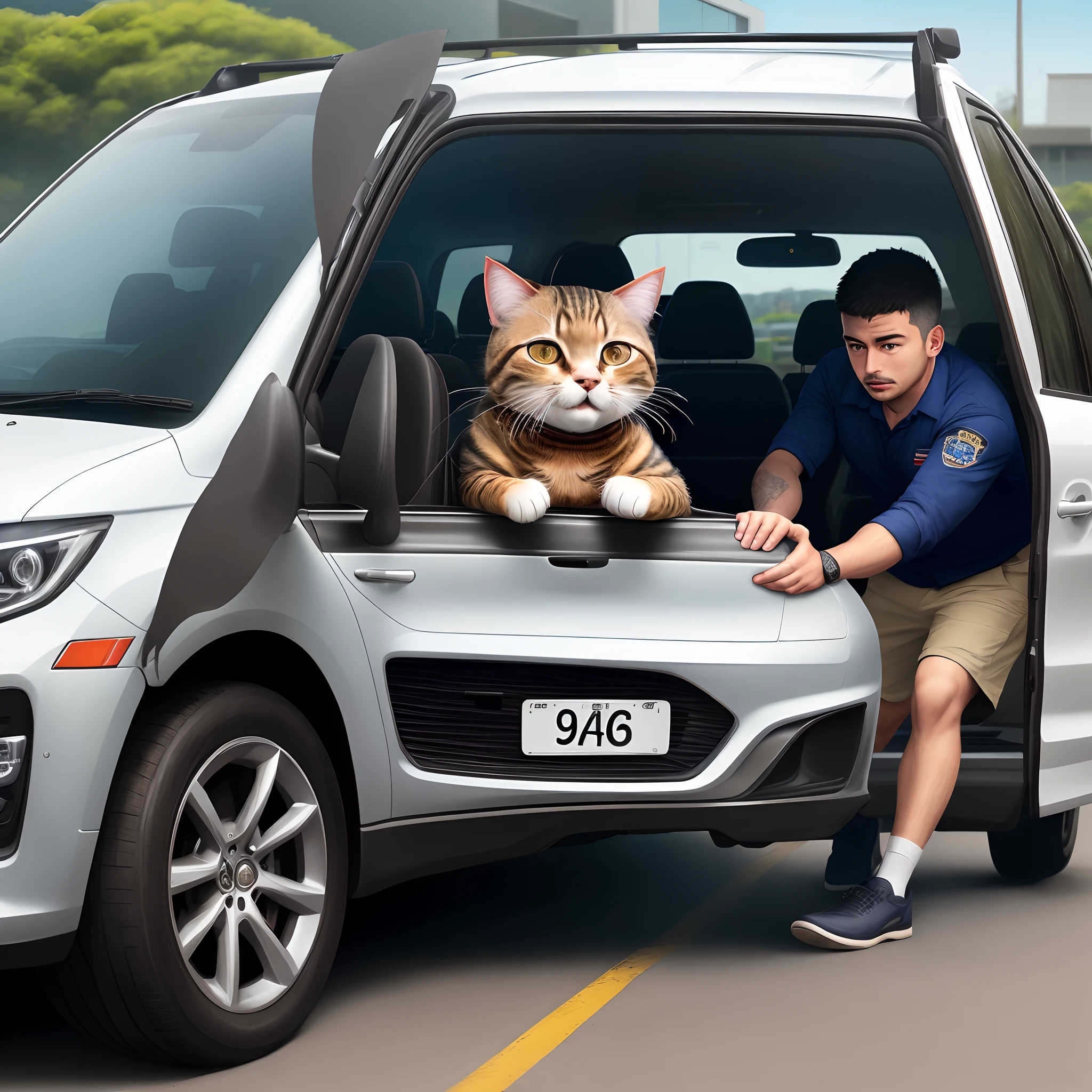 Criar imagem de um gato chegando de carro na empresa chamada Javer &Boecker