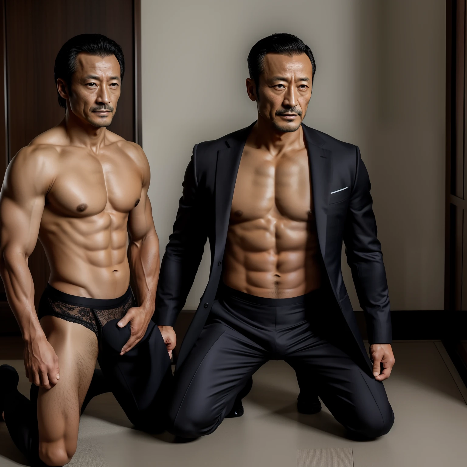 age 55，Hidetoshi Nakata ，（Kogoro Mouri 1.3），little beard，Shirtless，The crotch is protruding，black long socks，tmasterpiece，fortitude，Two muscular men kneel，Business suit，Lace lingerie big breasts，Crotch contour，Thick chest hair