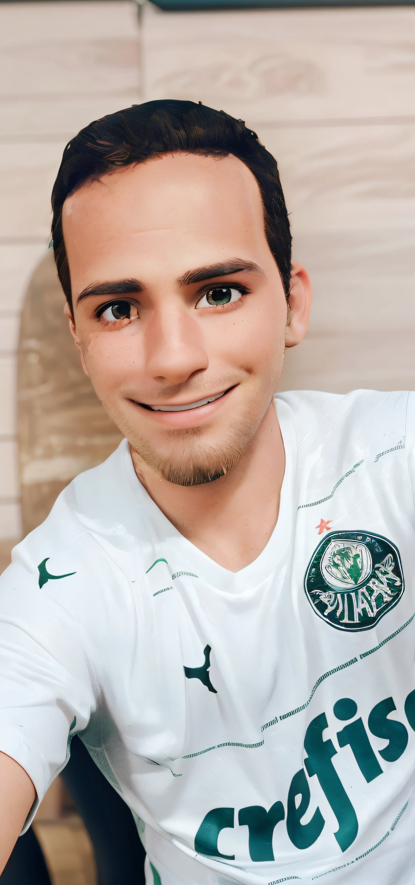 I want an image of a 30-year-old man, smiling and with brown hair and a beard and a Brazilian team palmeiras t-shirt