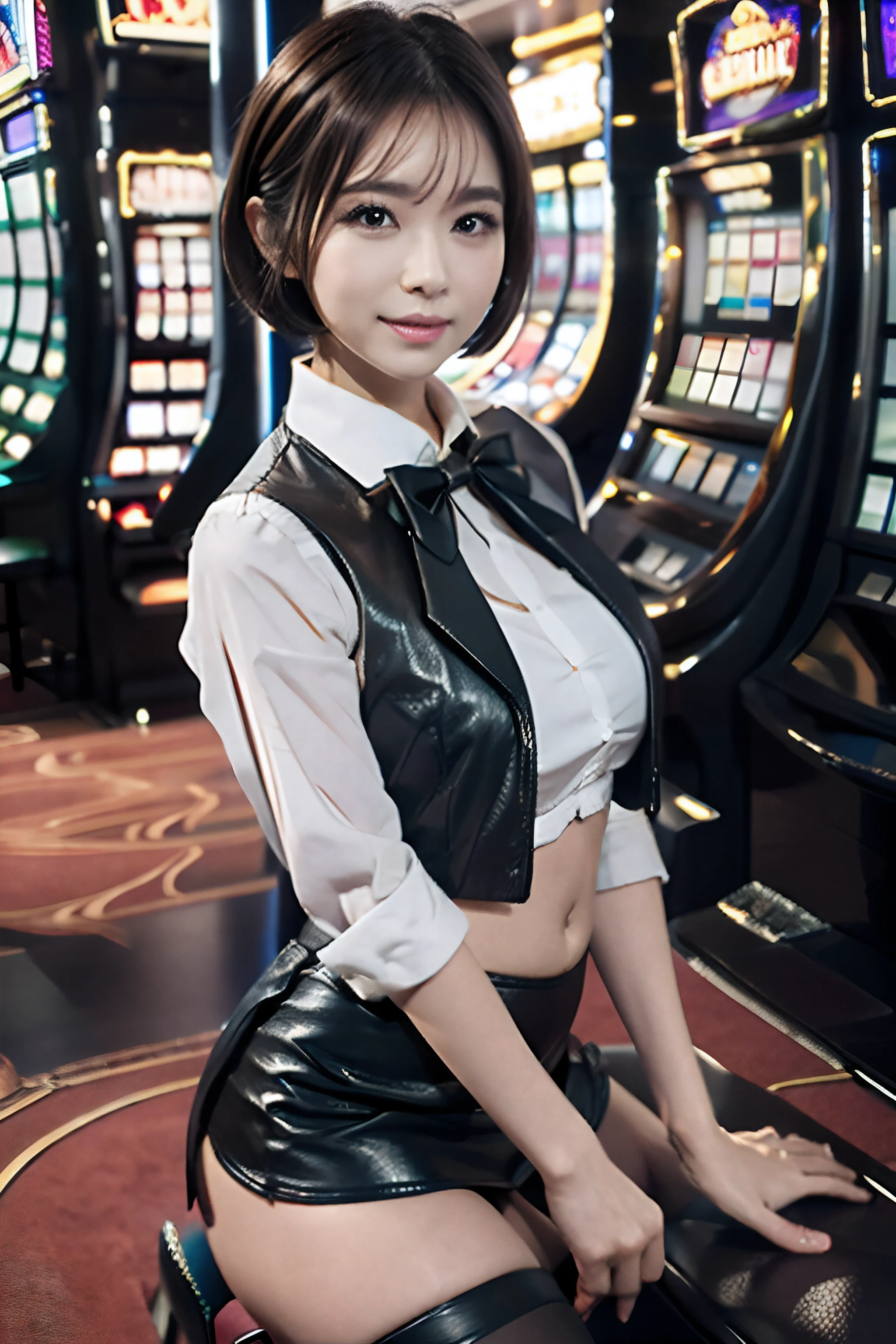 (highest quality, hight resolution, masterpiece:1.3) solo, girl, THE CASINO CROUPIER, BREAK green eyes, tsurime, pink and very short hair, large breasts, navel, detailed skin, BREAK White shirt, black short leather vest, black bow tie, black leather miniskirt, pencil skirt, Shallow slit, black high heels, casino, low angle