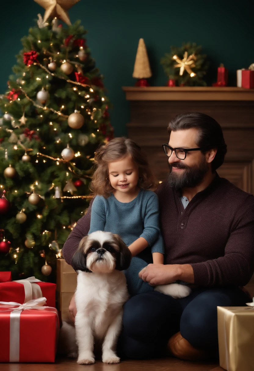 A boy 6 and a big eye dark hair 4 girl with a mom with long dark hair and glasses with the dad with a beard in front of a beautiful christmas tree with several presents with a small shih tzu dog